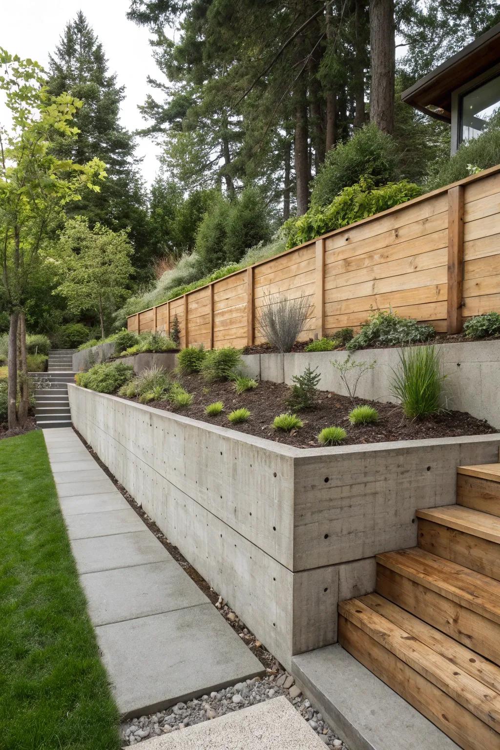 Rockface and timber blend for a striking retaining wall design.