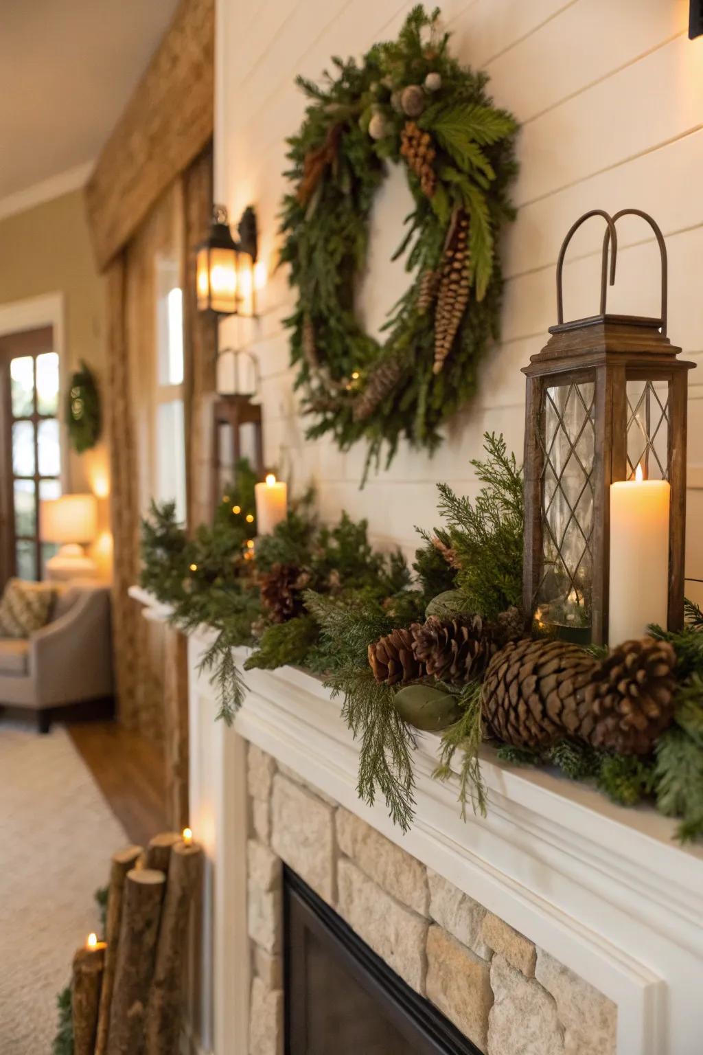 Greenery adds a fresh and inviting touch to the fireplace.