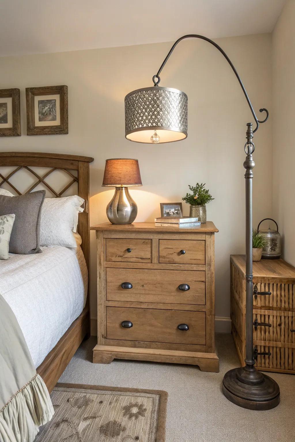 A mix of materials brings depth and interest to this farmhouse guest bedroom.