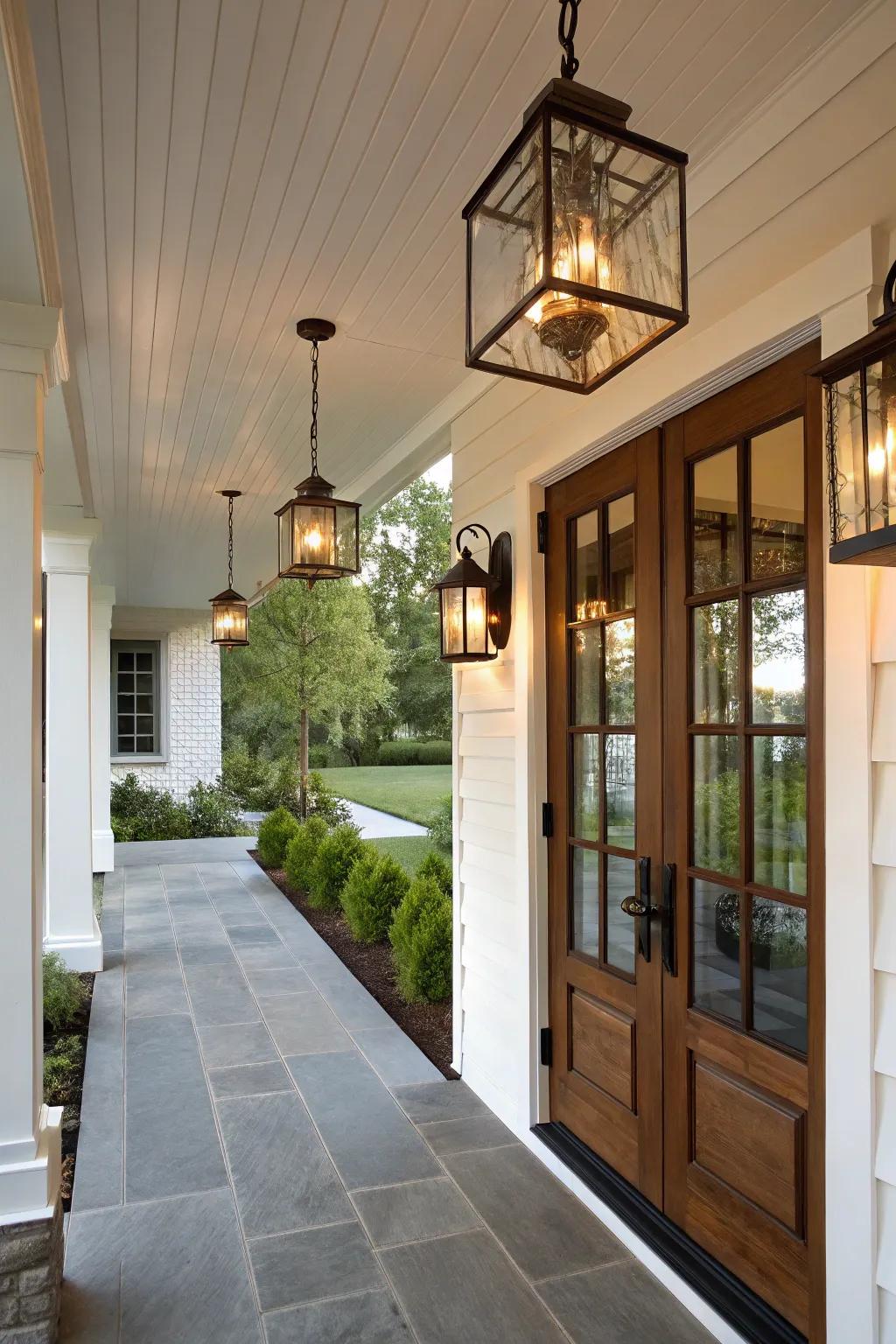 Stylish lighting enhances the atmosphere of a contemporary porch.