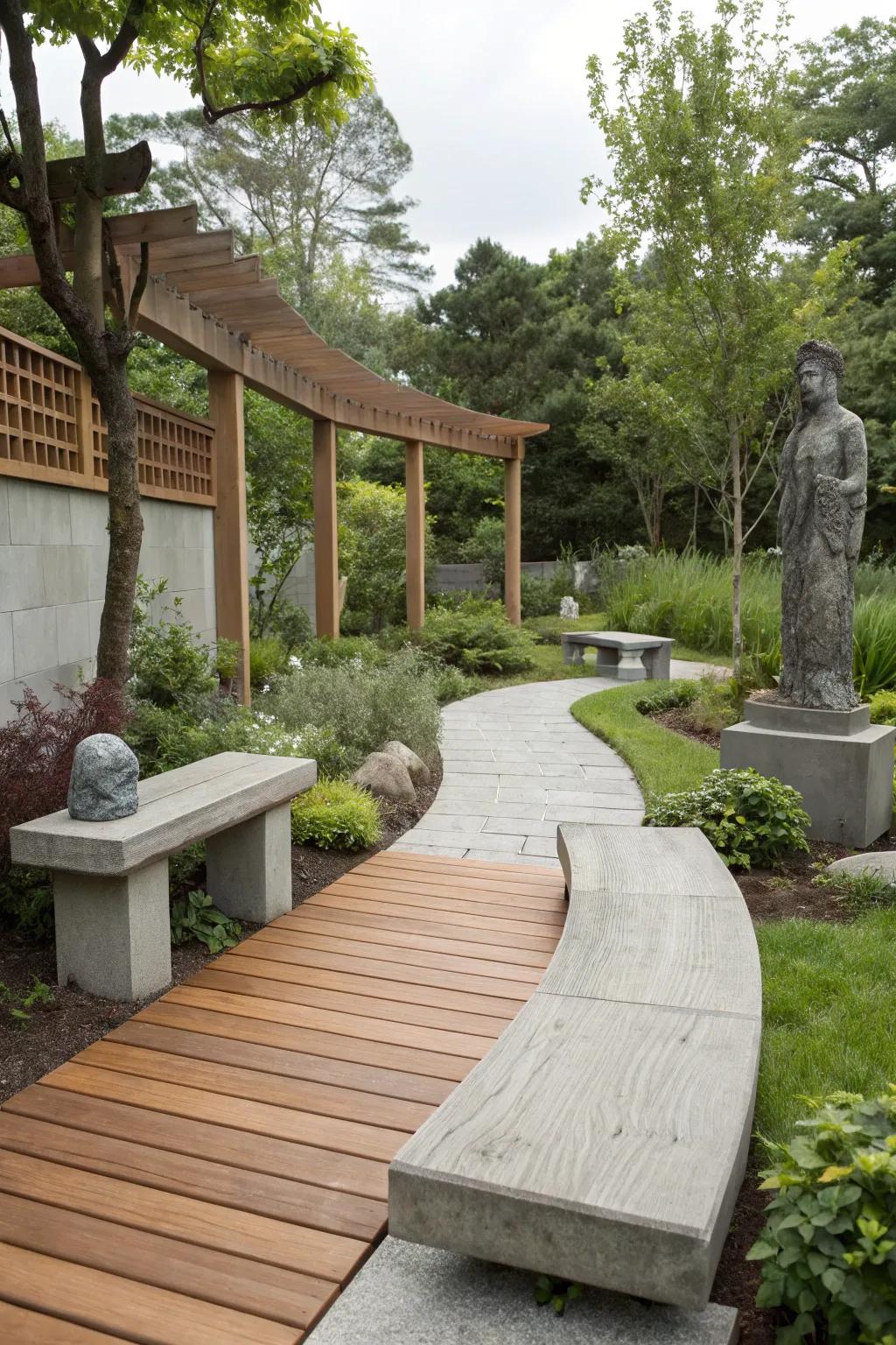 Mixed materials bring variety and texture to a modern garden.