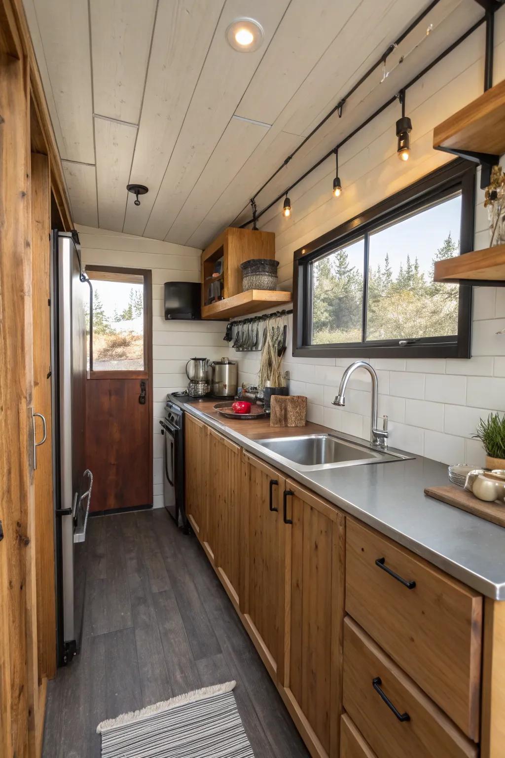 A harmonious mix of materials in a small kitchen design.