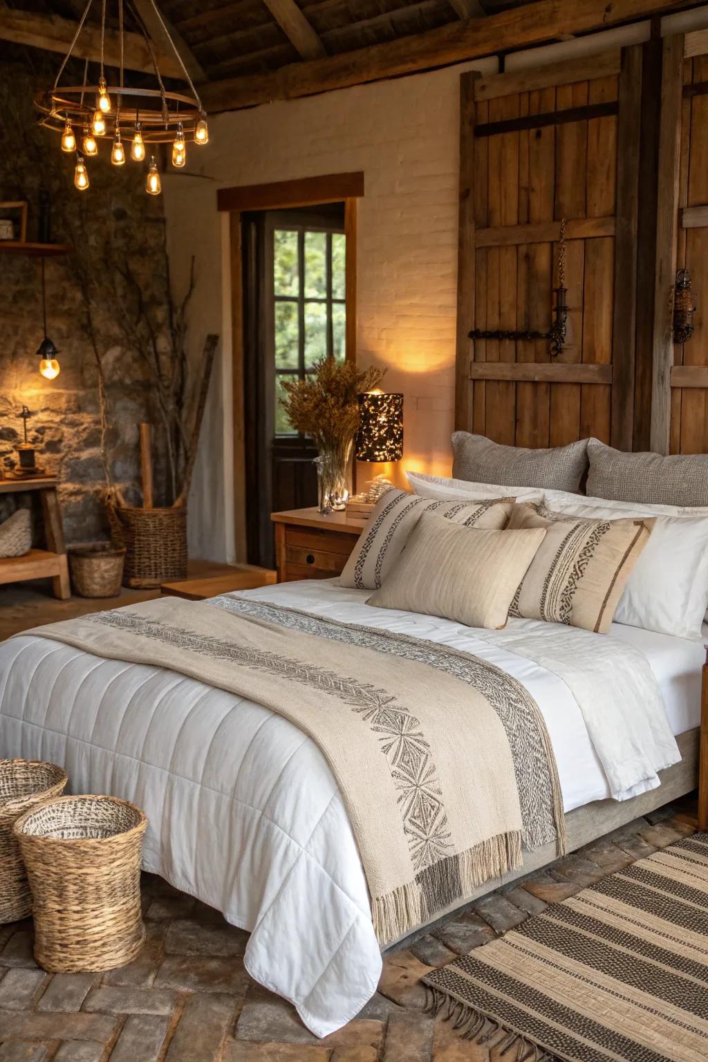 Raw textiles infuse a modern Spanish bedroom with comfort and depth.