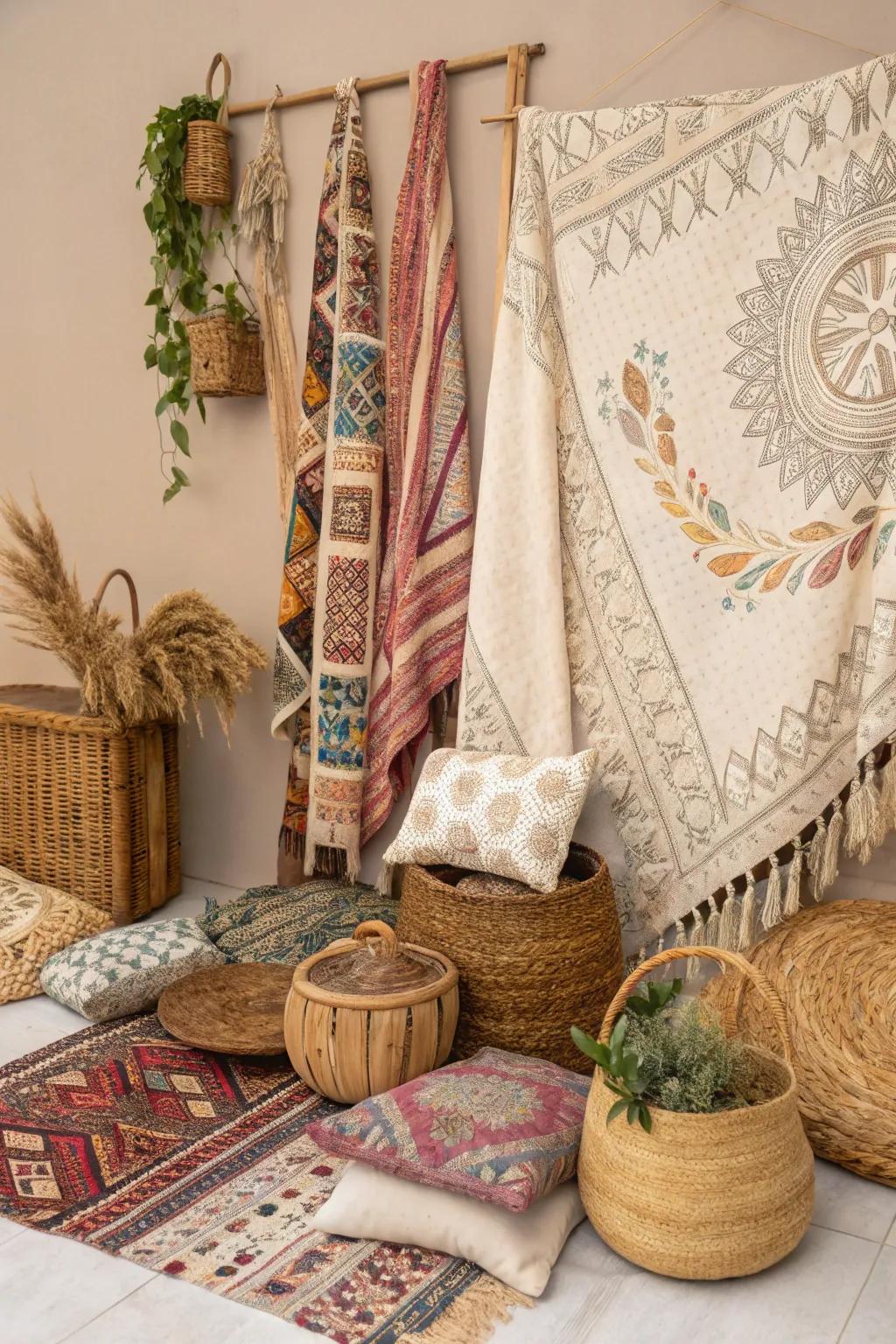 A bohemian mood board full of vibrant colors and patterns.