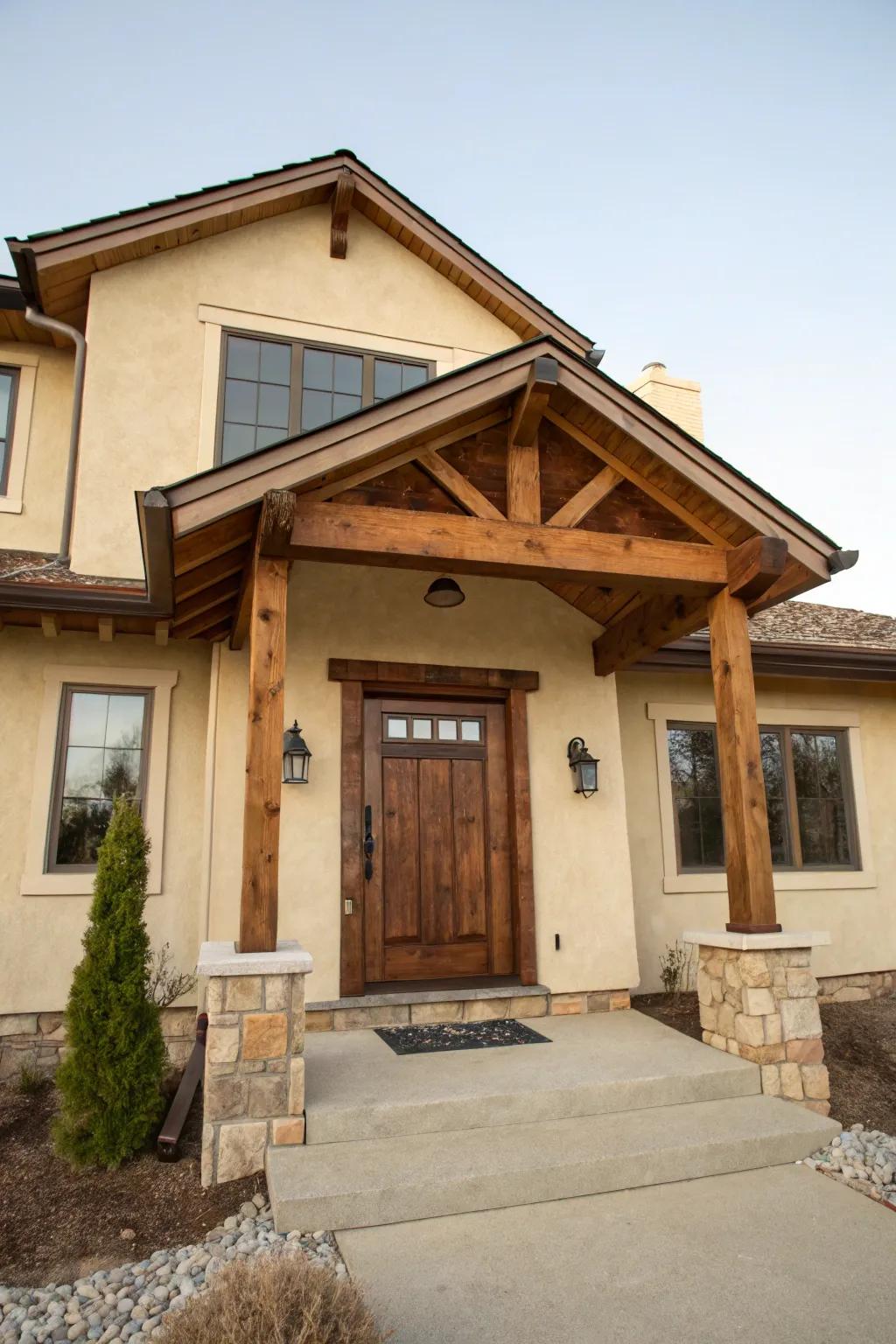 Hickory brown door adds warmth and harmony to a beige house.