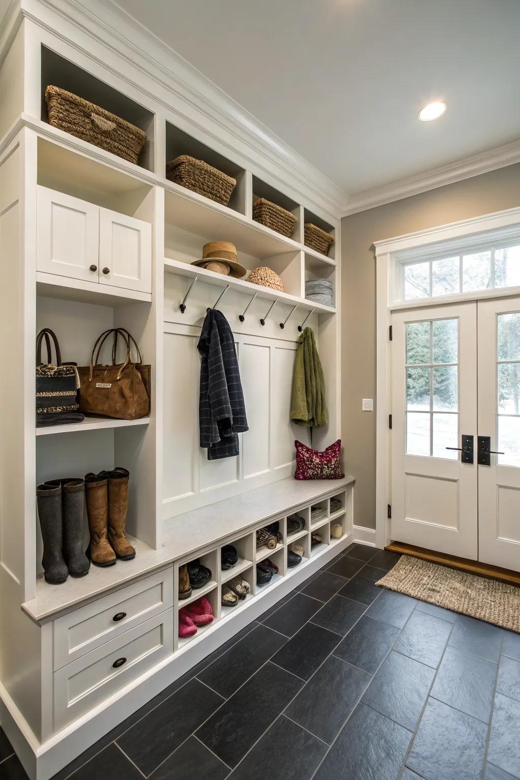 A mudroom featuring elegant built-in cabinets with customizable shelving for functional storage.