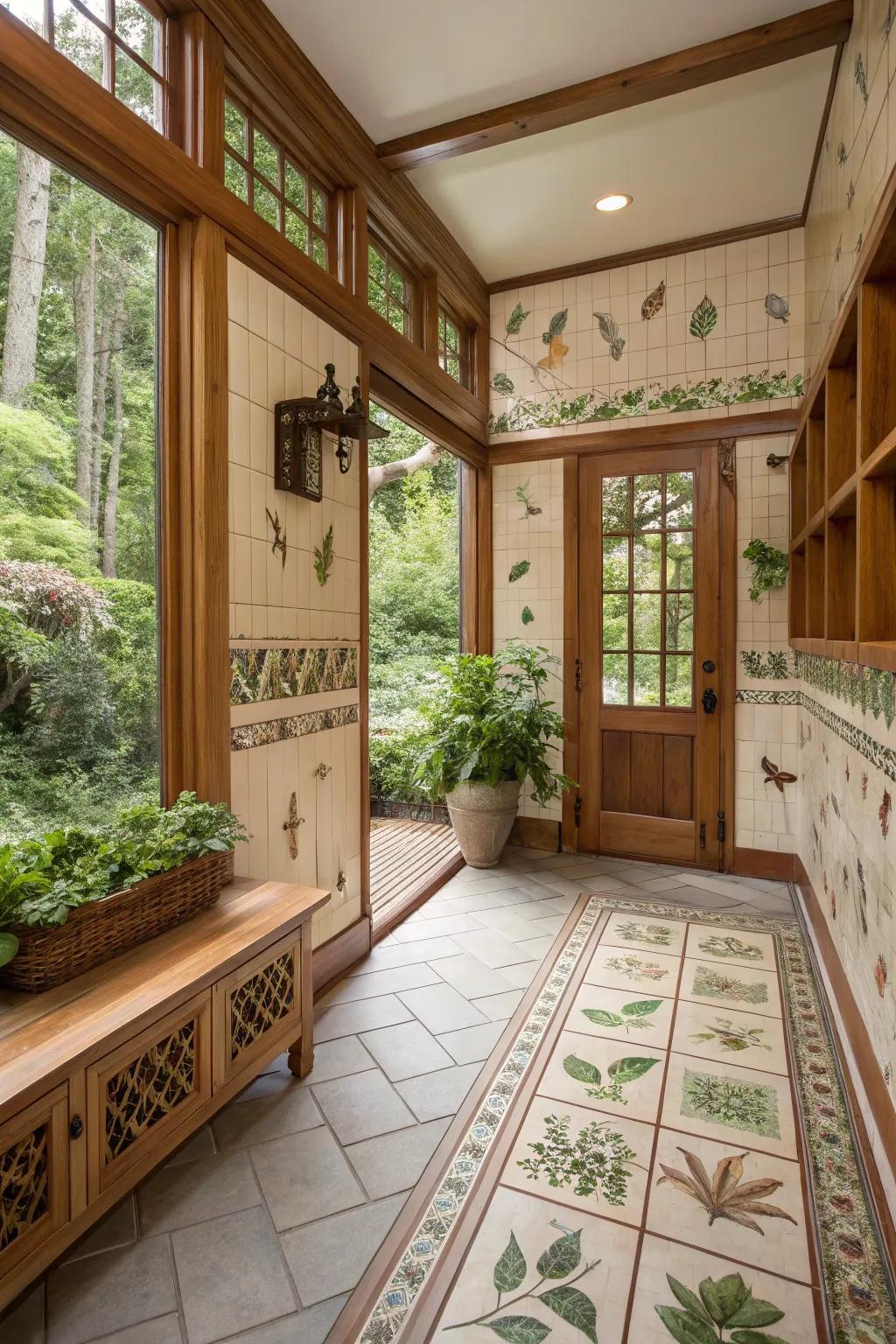 Nature-themed tiles evoking serenity in a mudroom