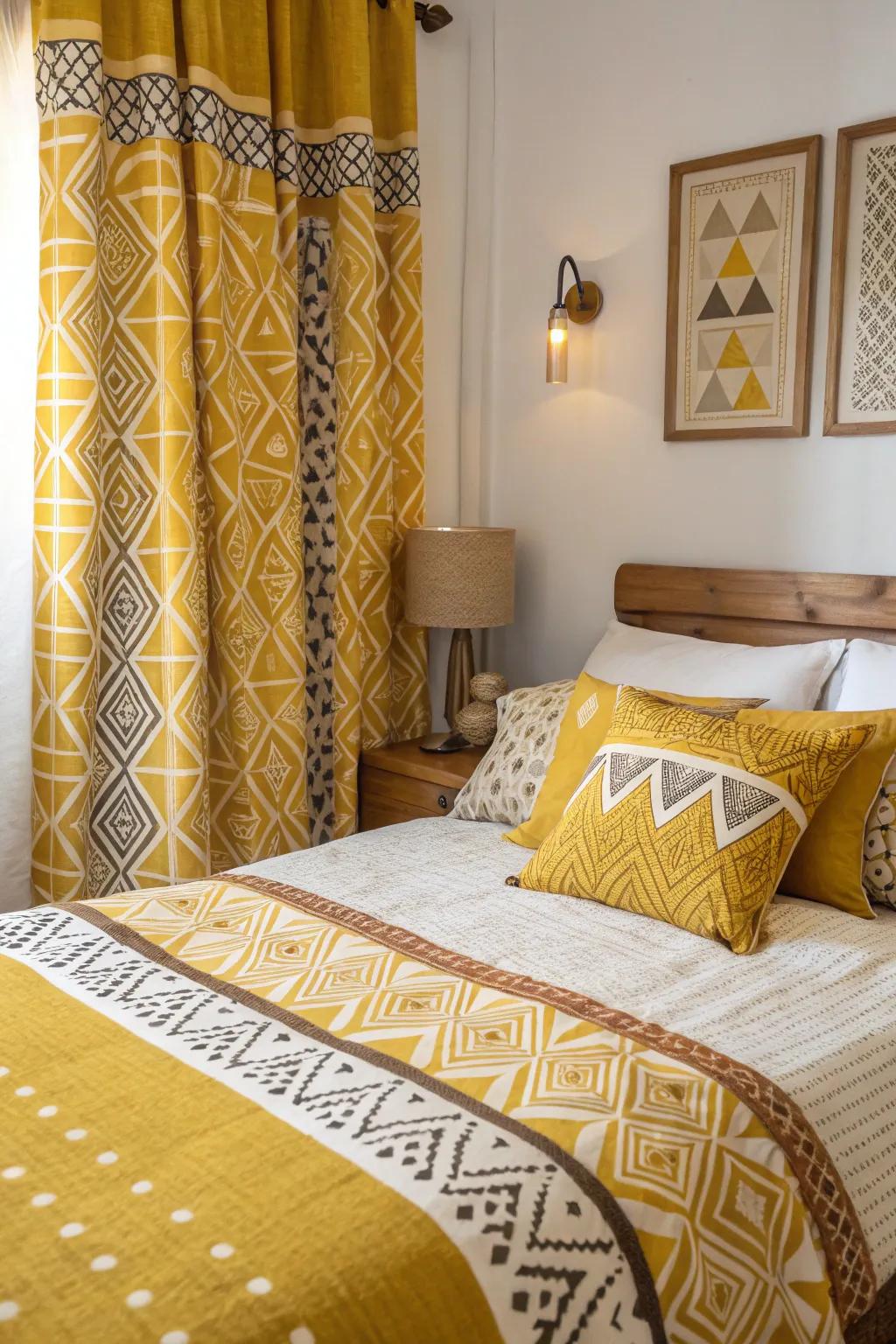 A bedroom with patterned textiles featuring mustard yellow and geometric designs.