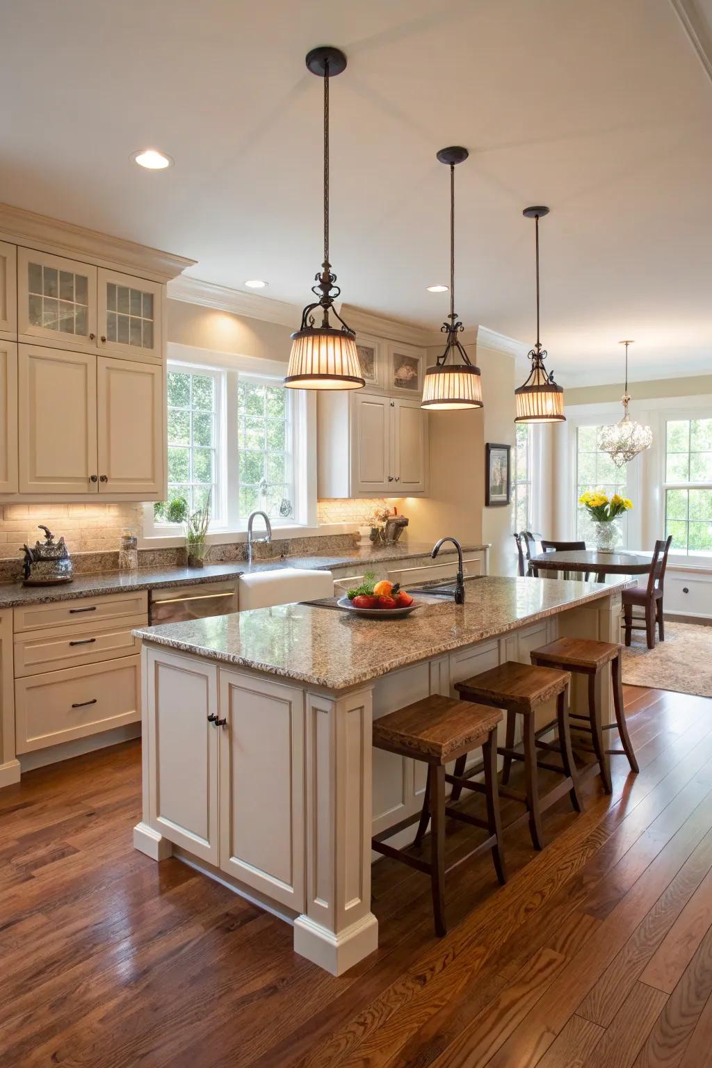 Statement lighting enhancing the kitchen's oak floors.