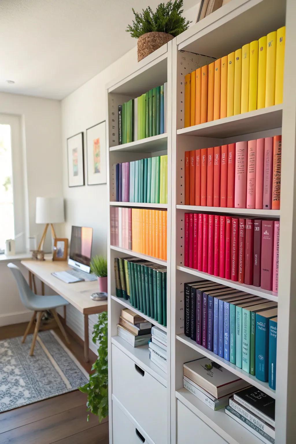 Color-coordinated books add a vibrant touch.