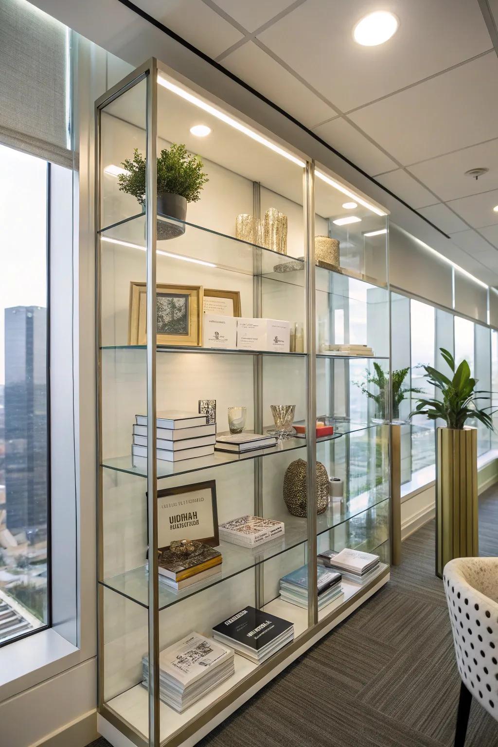 Glass shelves provide a modern and airy touch to your office.