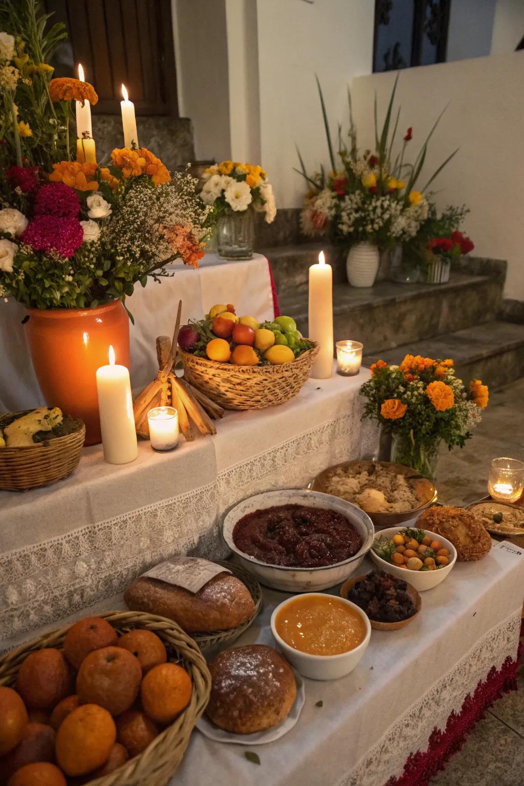 Favorite foods on the ofrenda honor your loved ones with comforting aromas.