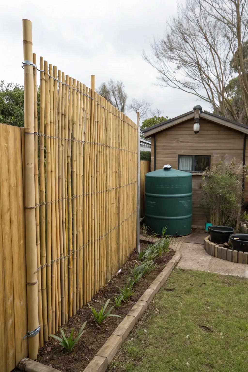 An oil tank elegantly hidden behind a bamboo fence.