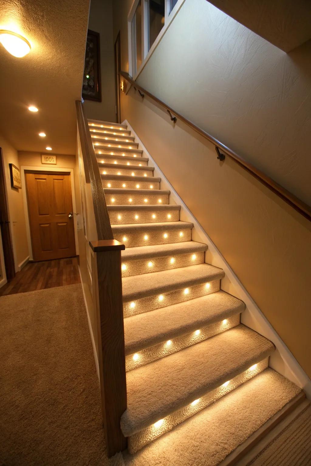 Under-stair LED lights enhance safety and create a cozy ambiance.