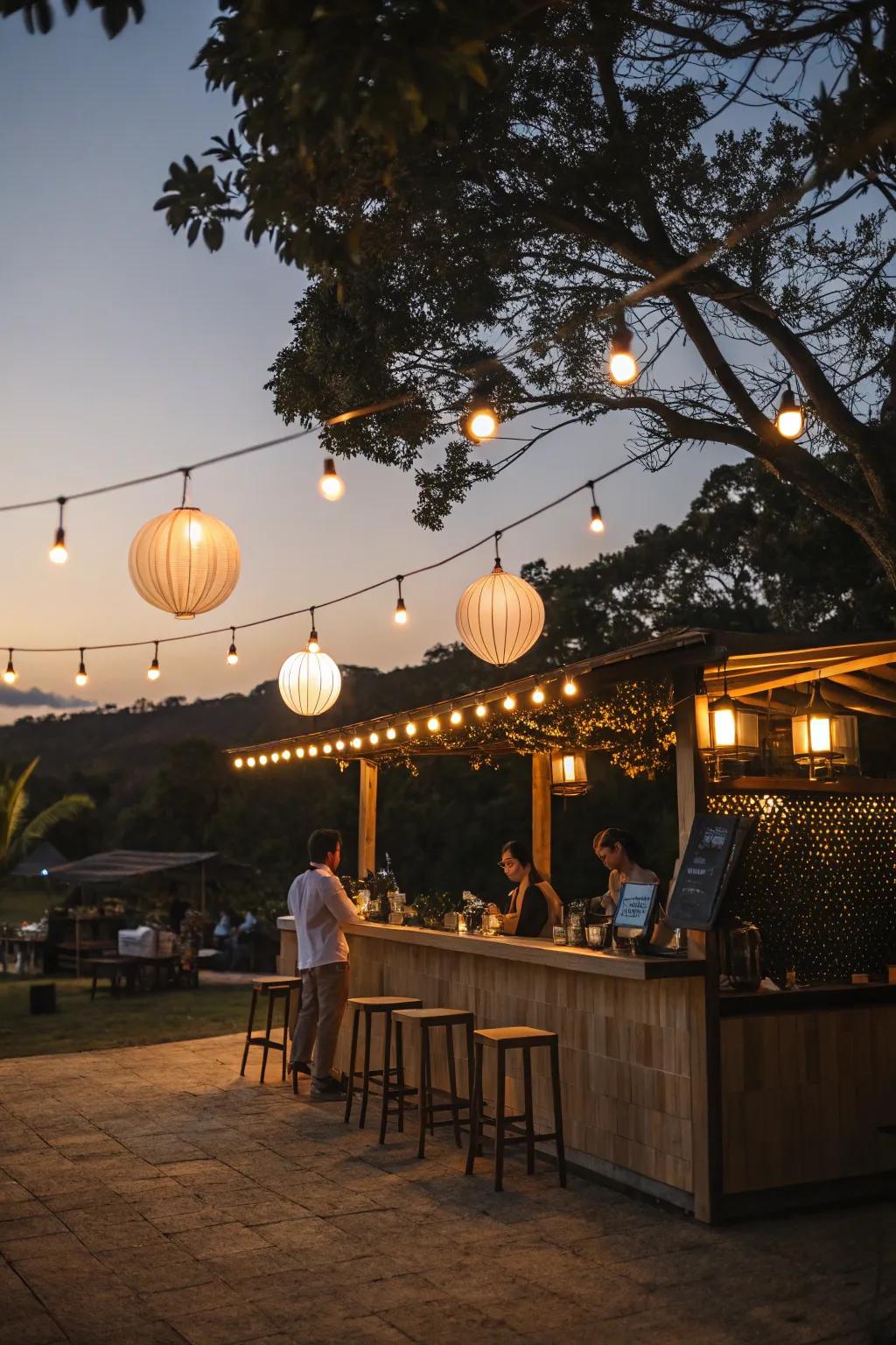 A coffee bar aglow with decorative lighting, perfect for evening enjoyment.