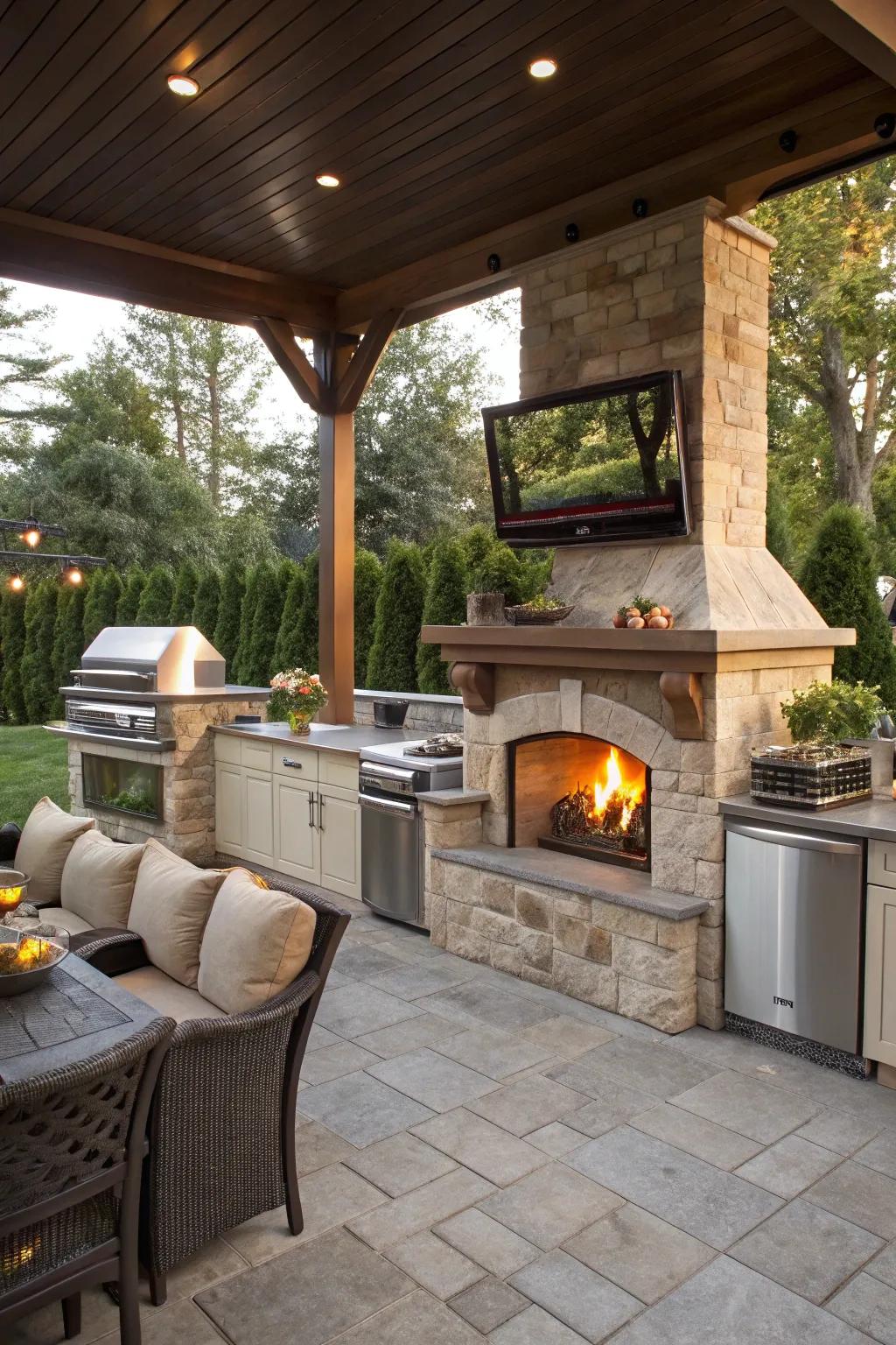 Combine warmth and entertainment with a fireplace and TV setup in your outdoor kitchen.