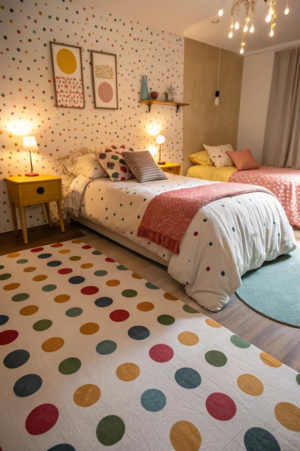 A guest bedroom with playful polka dot painted floors, offering a fun and inviting atmosphere.