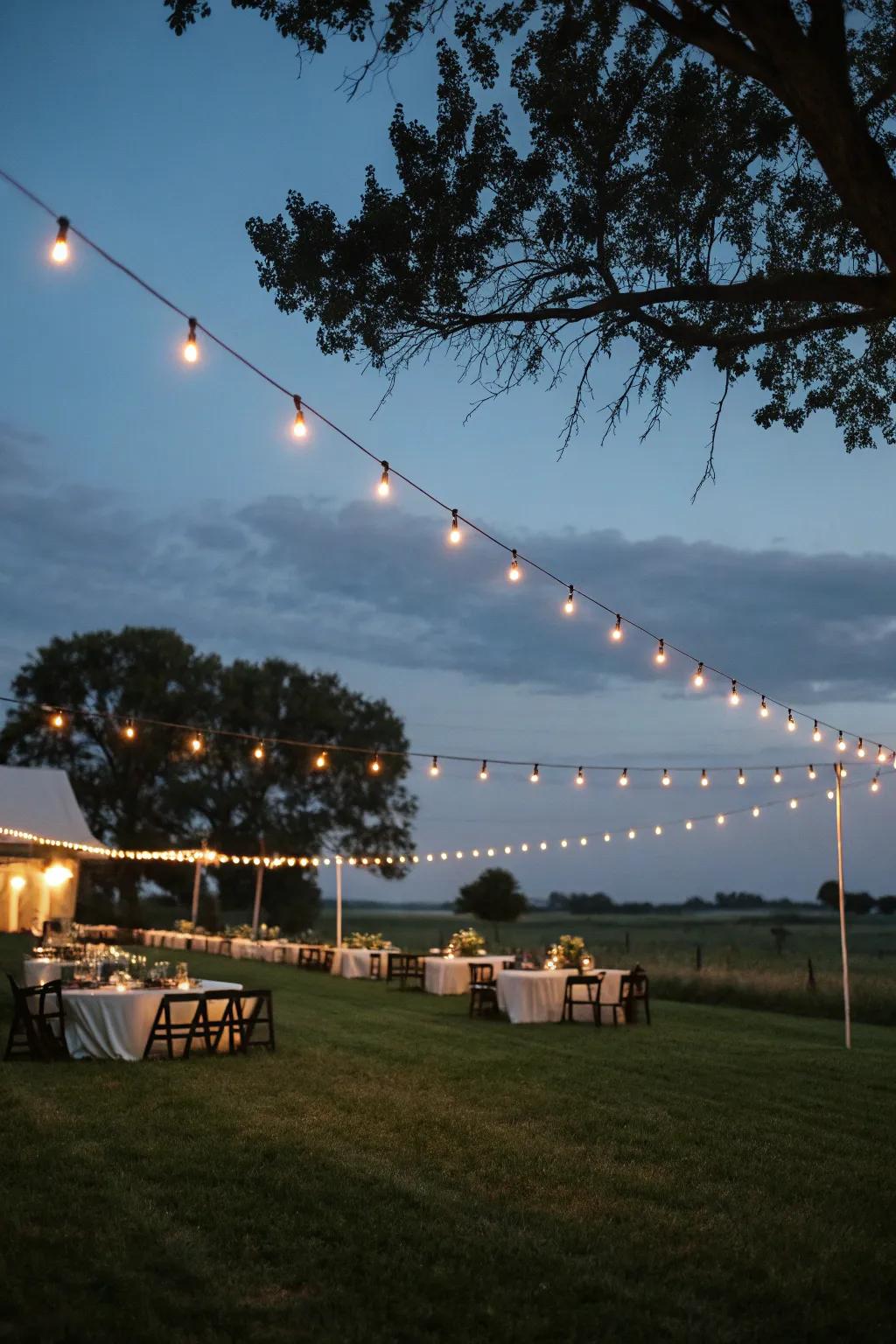 String lights add a magical glow to the pasture reception.