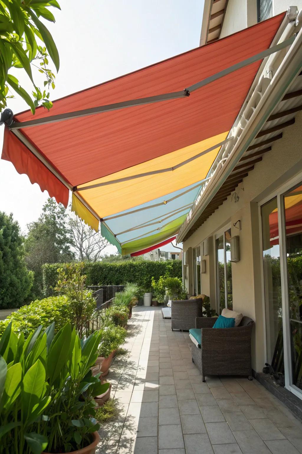 Retractable canvas awnings offer flexible shading options for your patio.