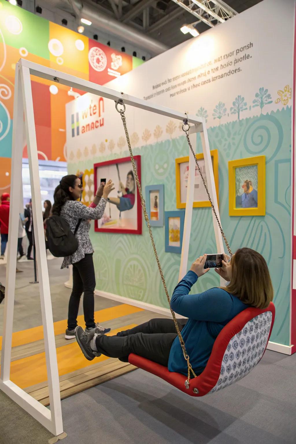 An interactive photo wall featuring a swing chair and frames, encouraging creative poses.