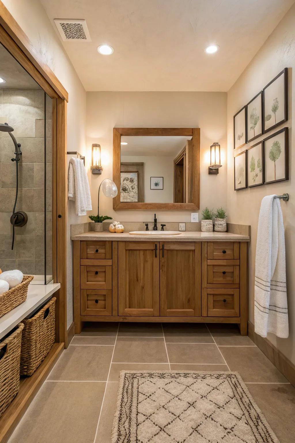 Wood elements bring warmth and natural beauty to bathrooms.