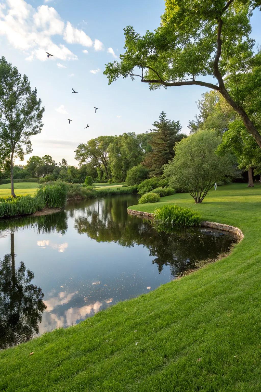 A seamless blend of pond and lawn for a unified garden.