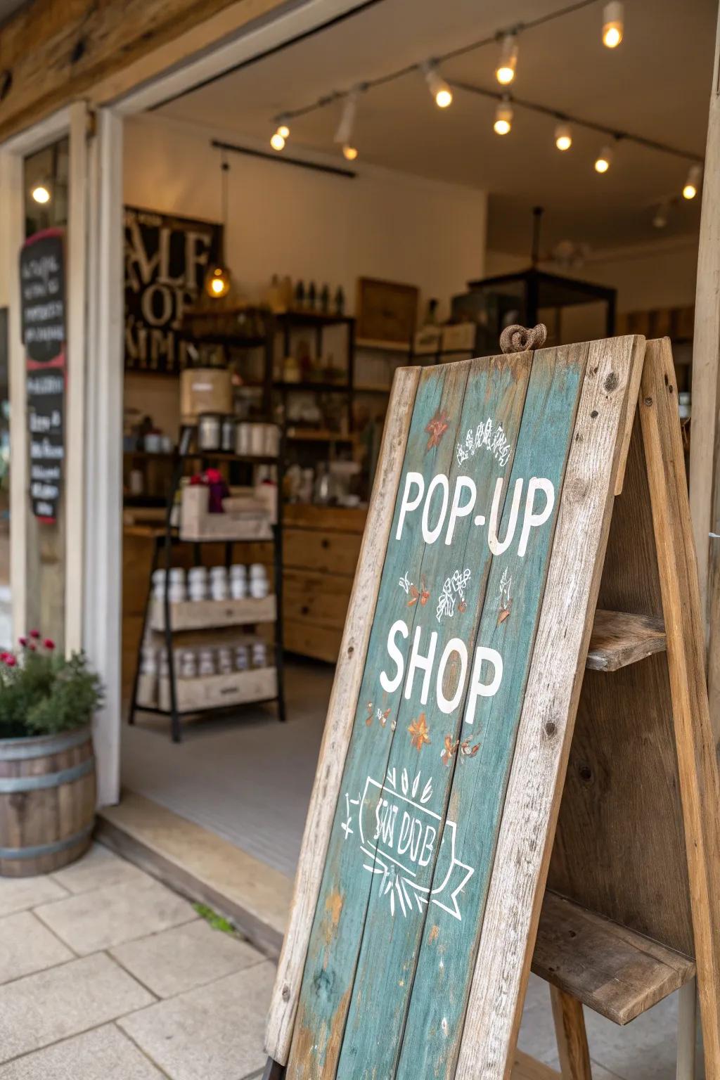 Country-style timber sign conveying warmth and genuineness at a pop-up.