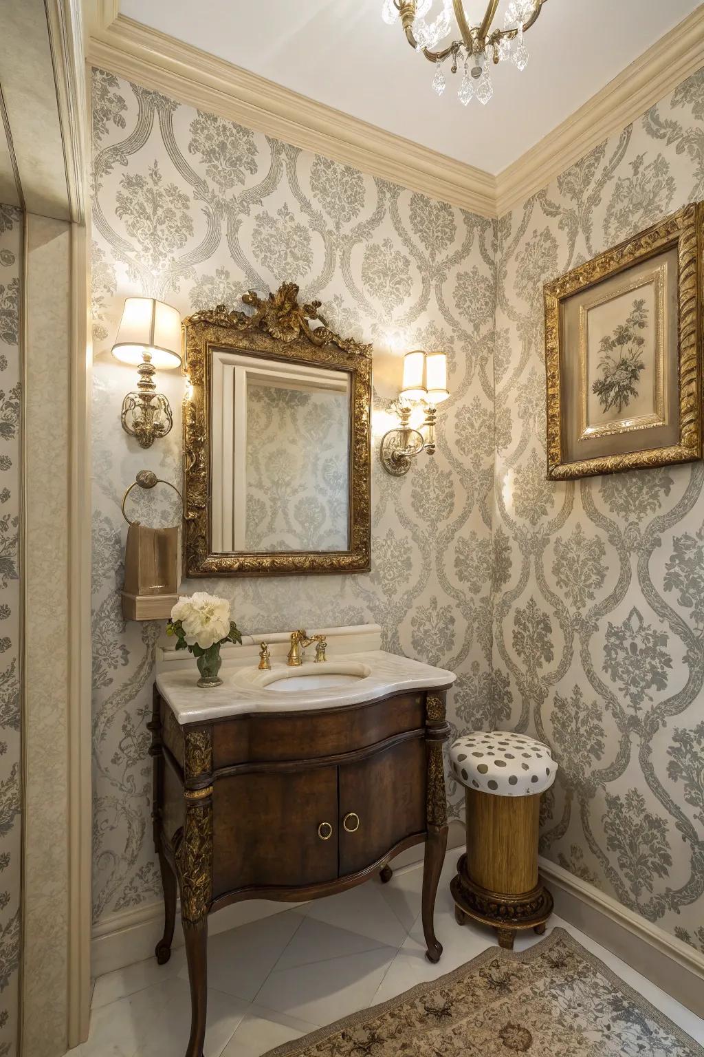 Damask patterns bring vintage charm and elegance to your washroom.