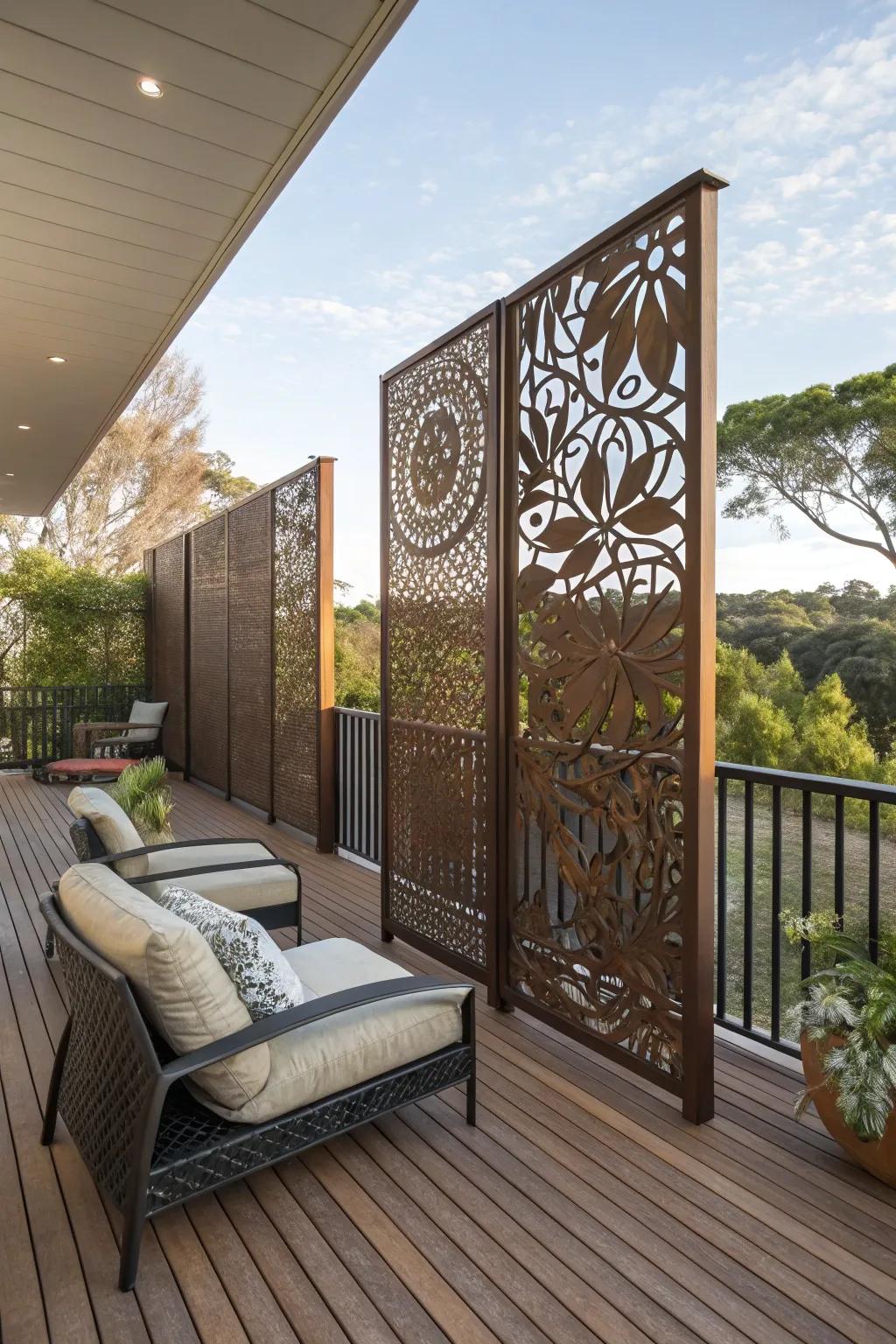 Artistic laser-cut panels provide a stylish privacy solution.