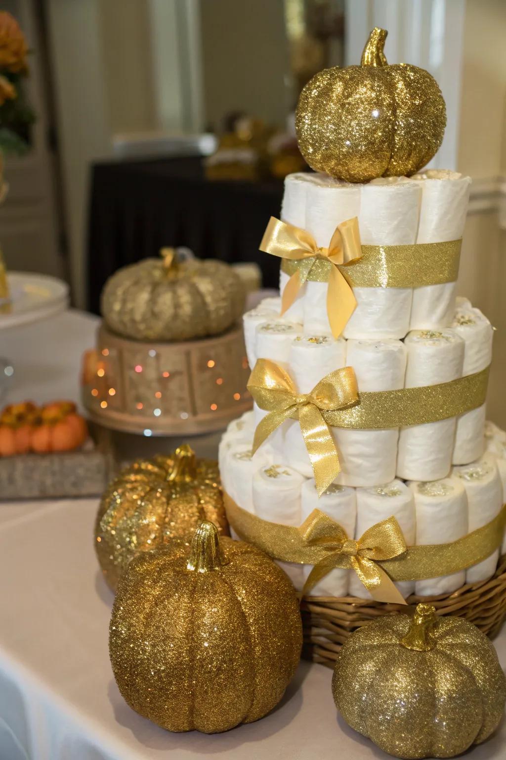 Gold and glam pumpkin diaper cakes add a touch of elegance to your decor.