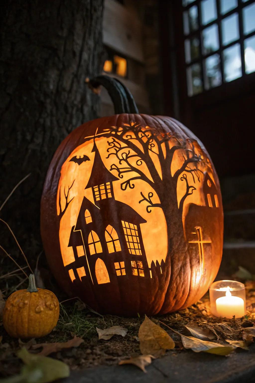 A haunted house pumpkin that adds a spooky touch to your Halloween.