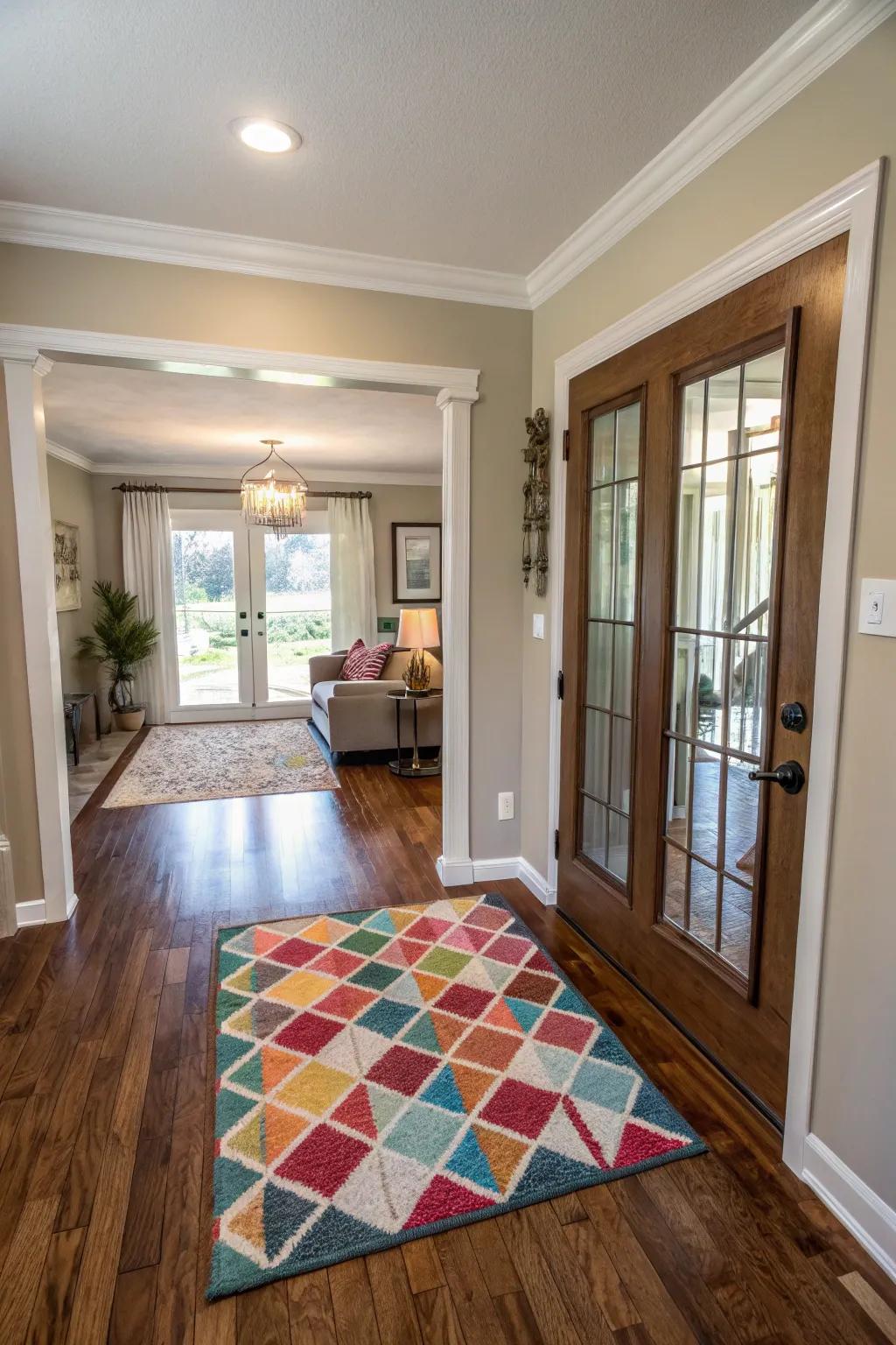 An area rug adds style and comfort to the entryway.