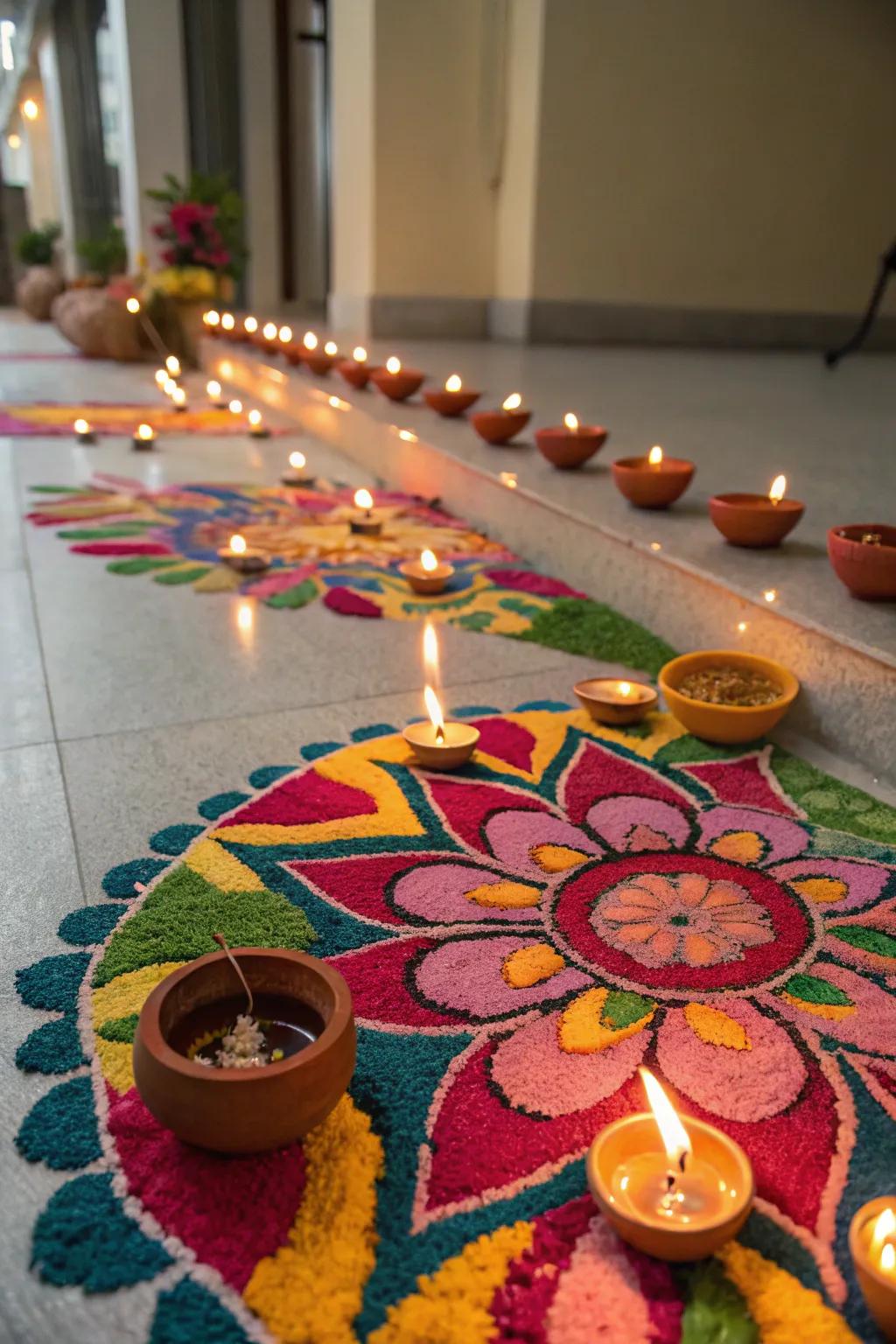 Diyas add a warm and magical glow to this festive rangoli.