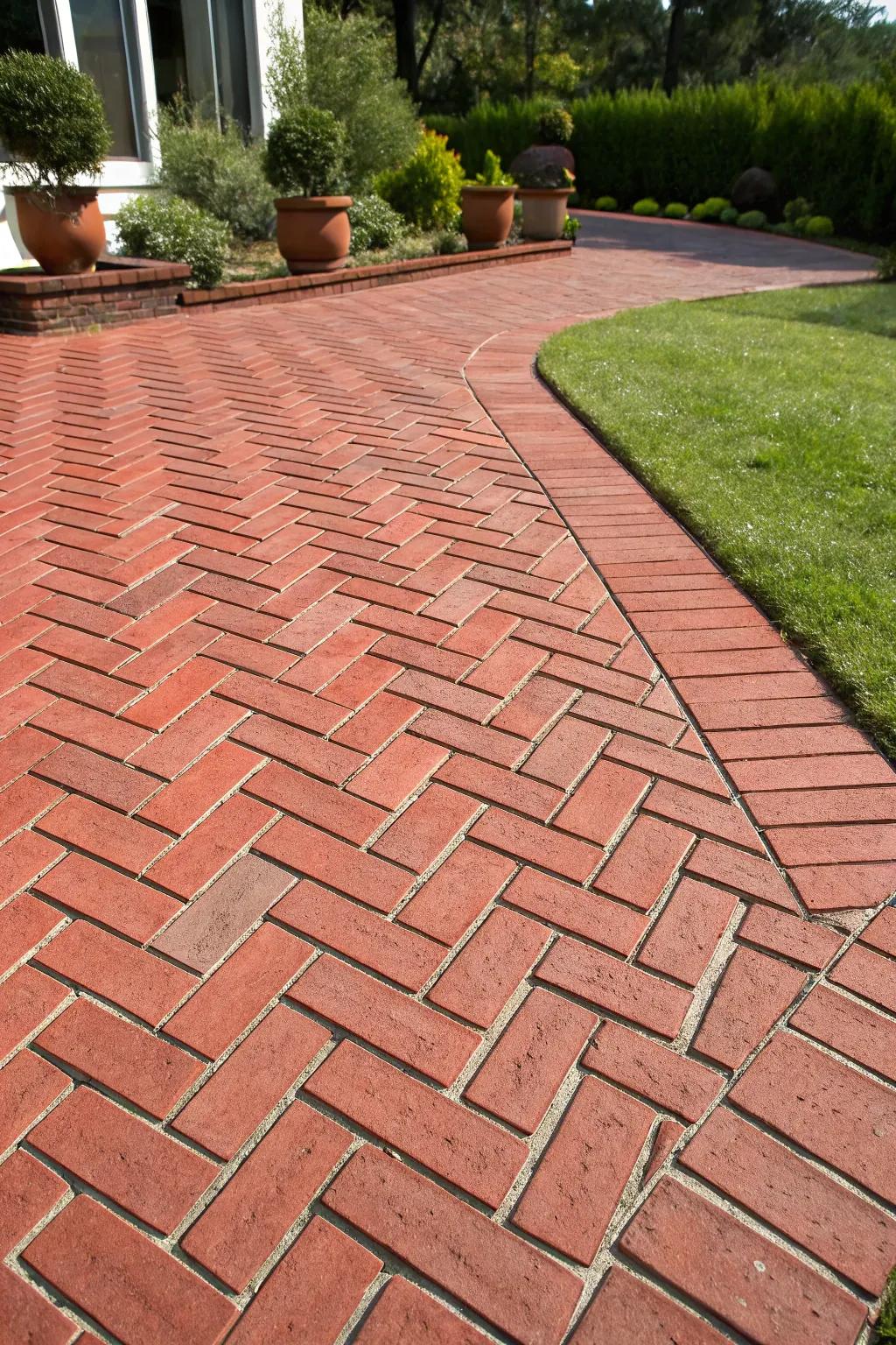 A red brick patio featuring an intricate herringbone pattern