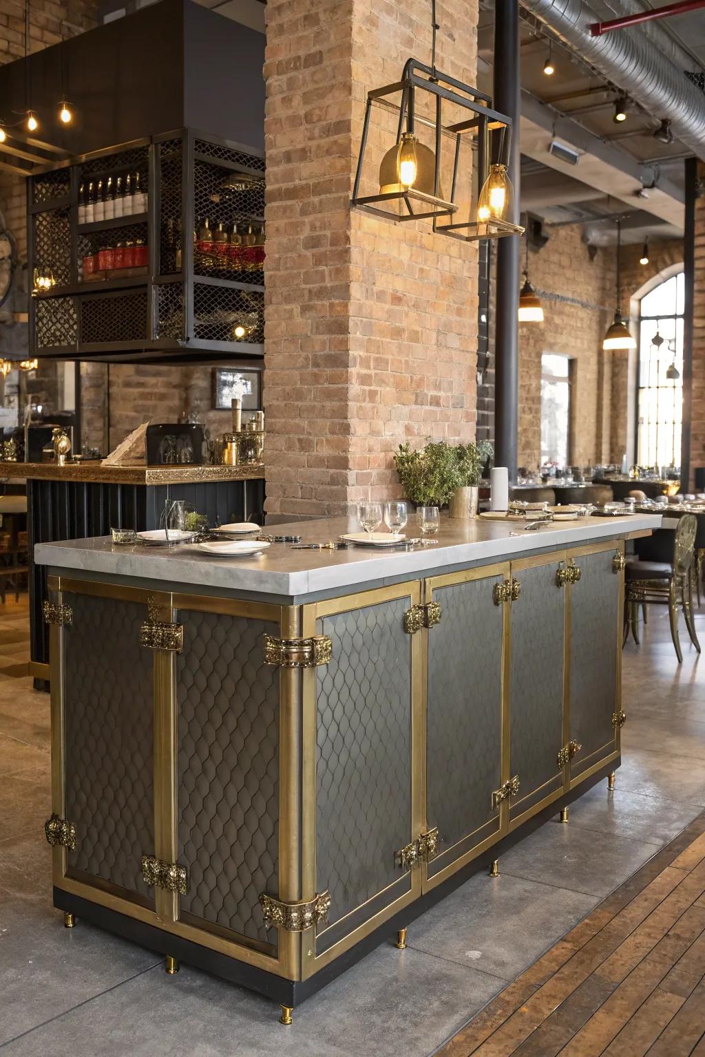 Metal accents bring industrial elegance to your hostess stand.