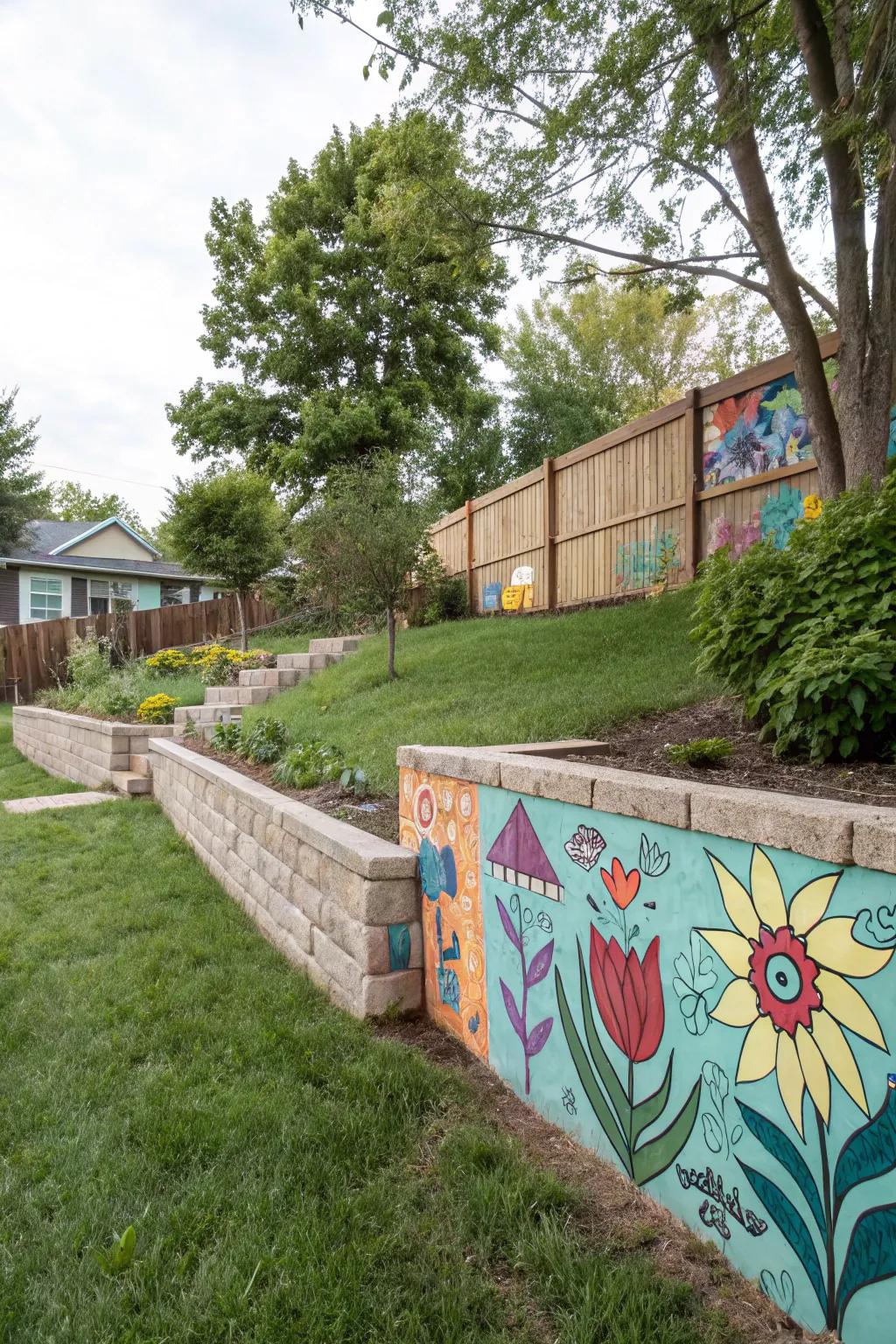 A backyard retaining wall transformed into a vibrant mural.