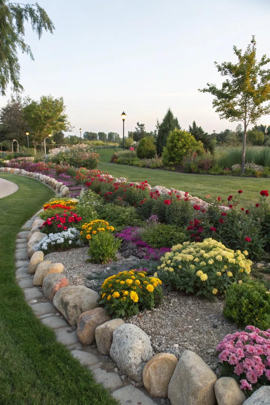 Rock borders provide structure and contrast against vibrant plants.