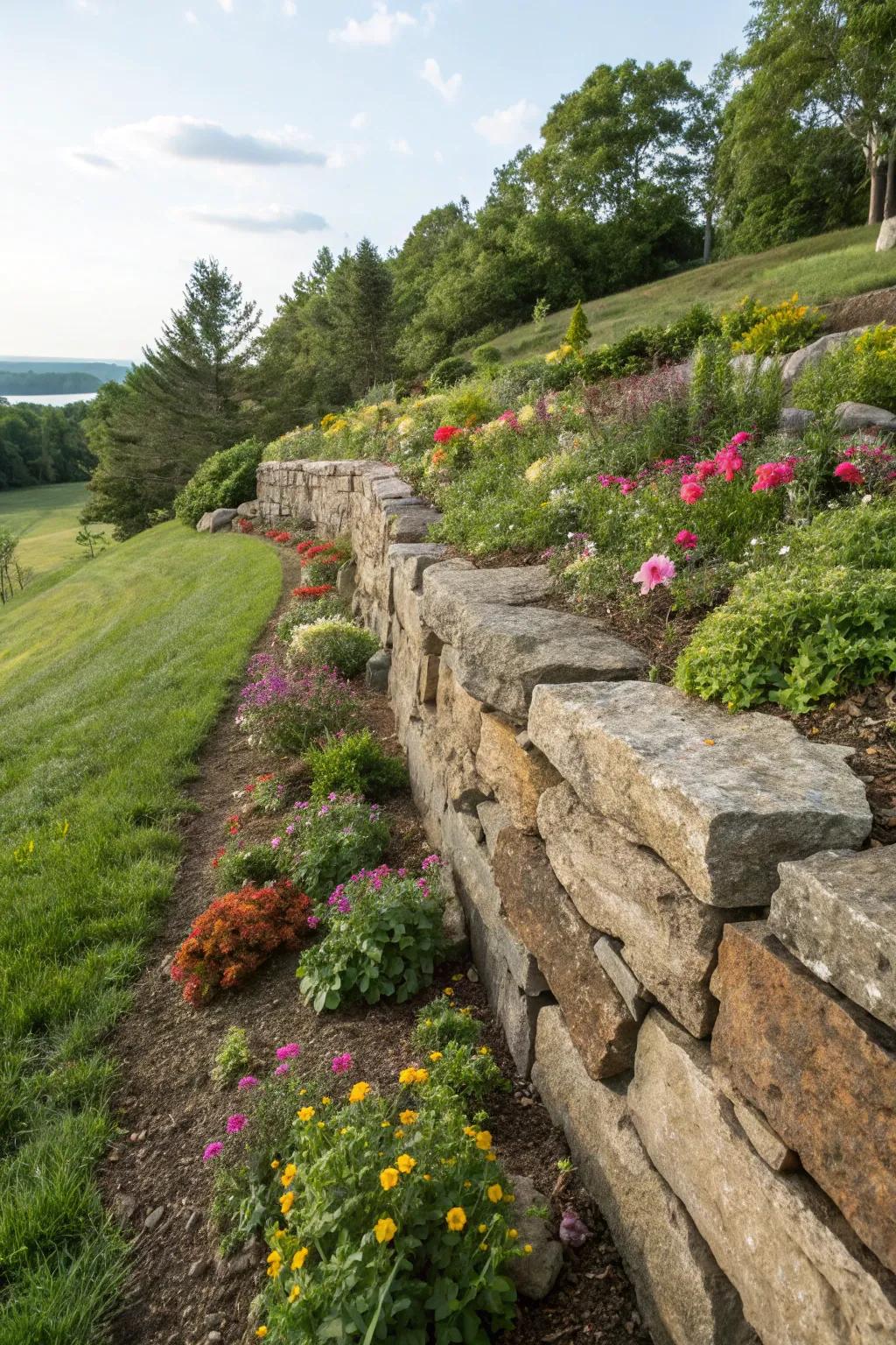 A sturdy rock retaining wall supporting a lush hillside garden.