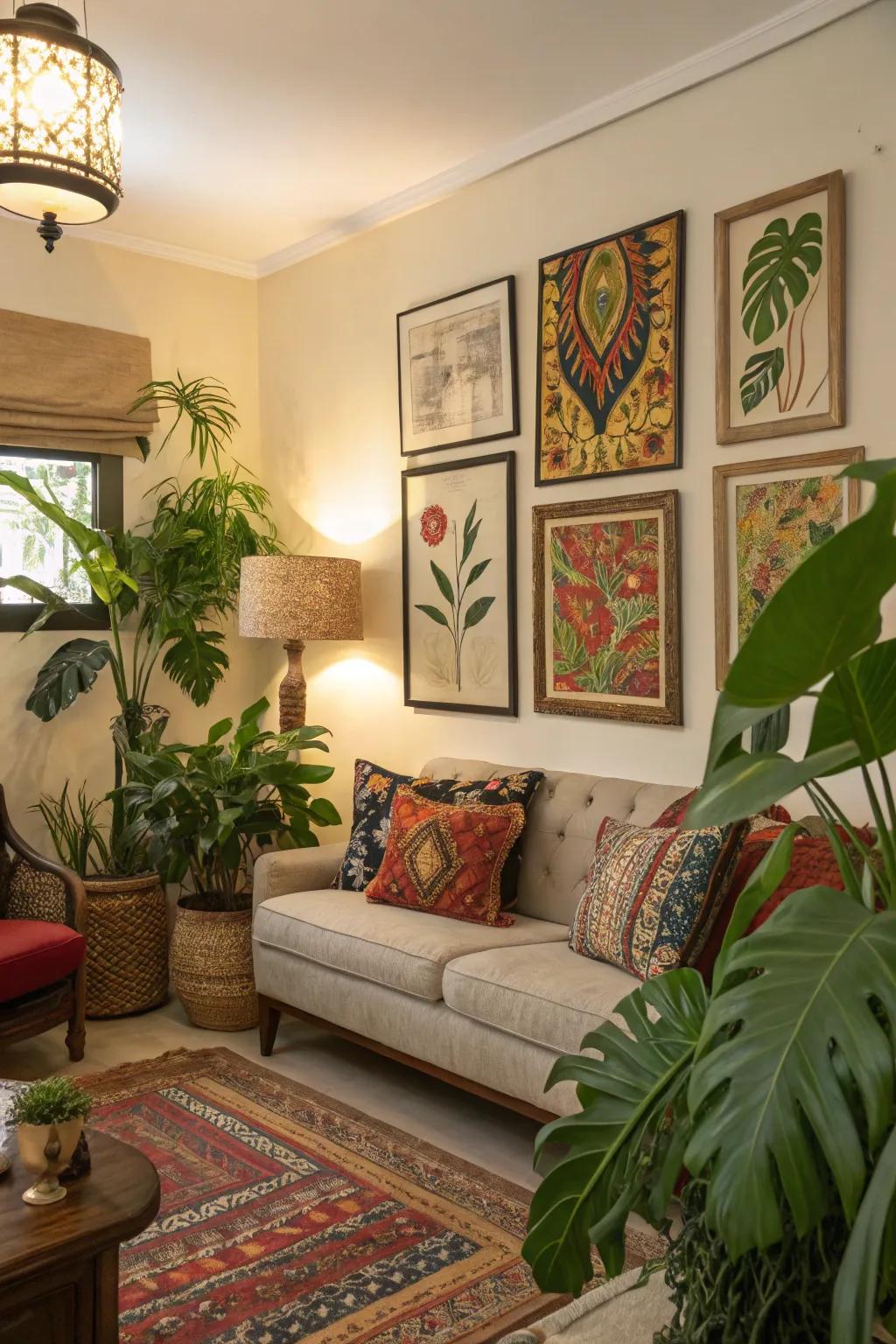 A vibrant living room filled with artwork and greenery.