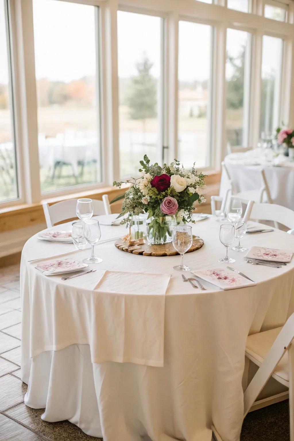 Understated sophistication featuring a flaxen cloth in a bright venue.