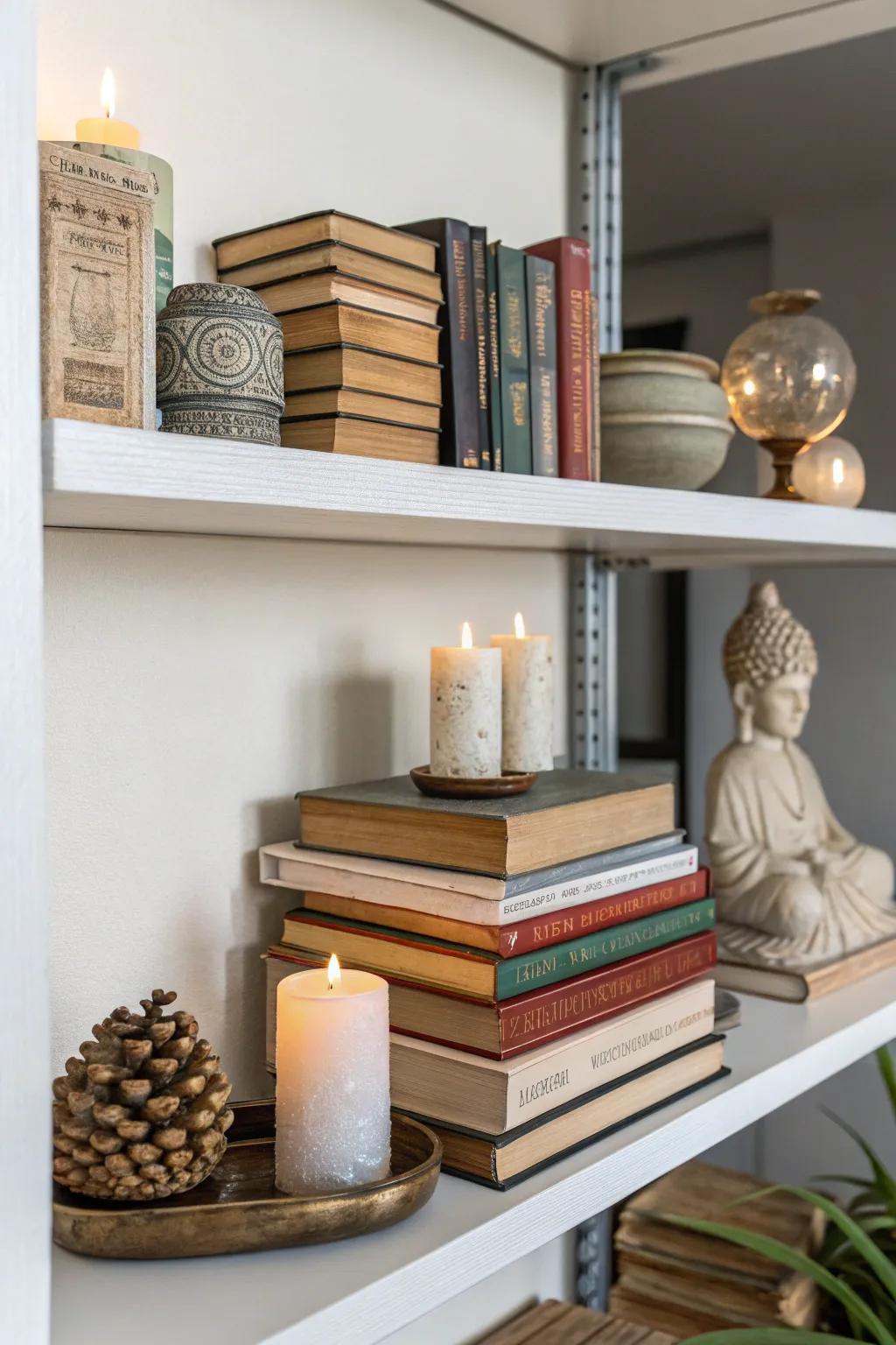 Layered books with sculptures and candles add depth to shelves.
