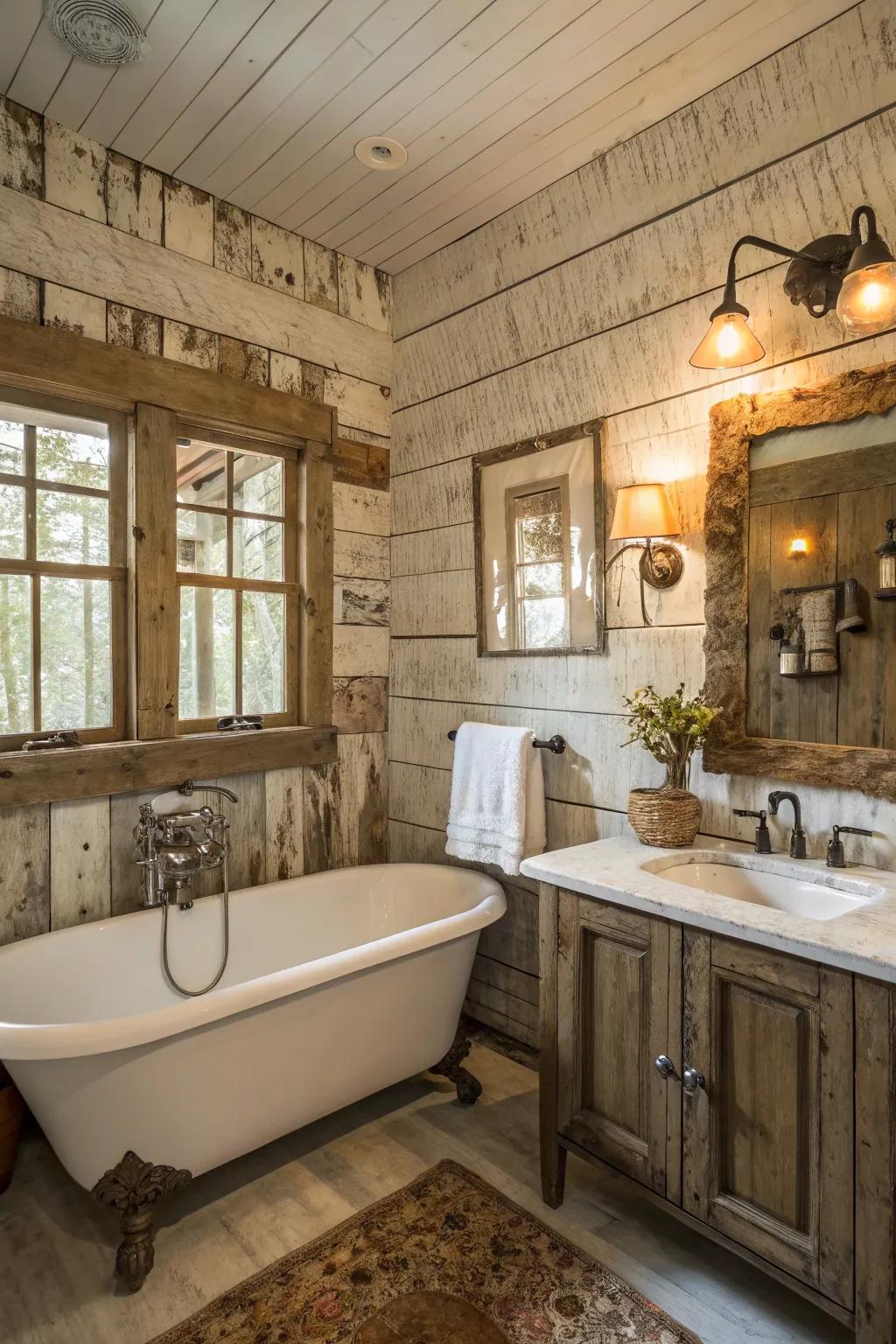 A bathroom featuring weathered board and batten walls and rustic decorations.