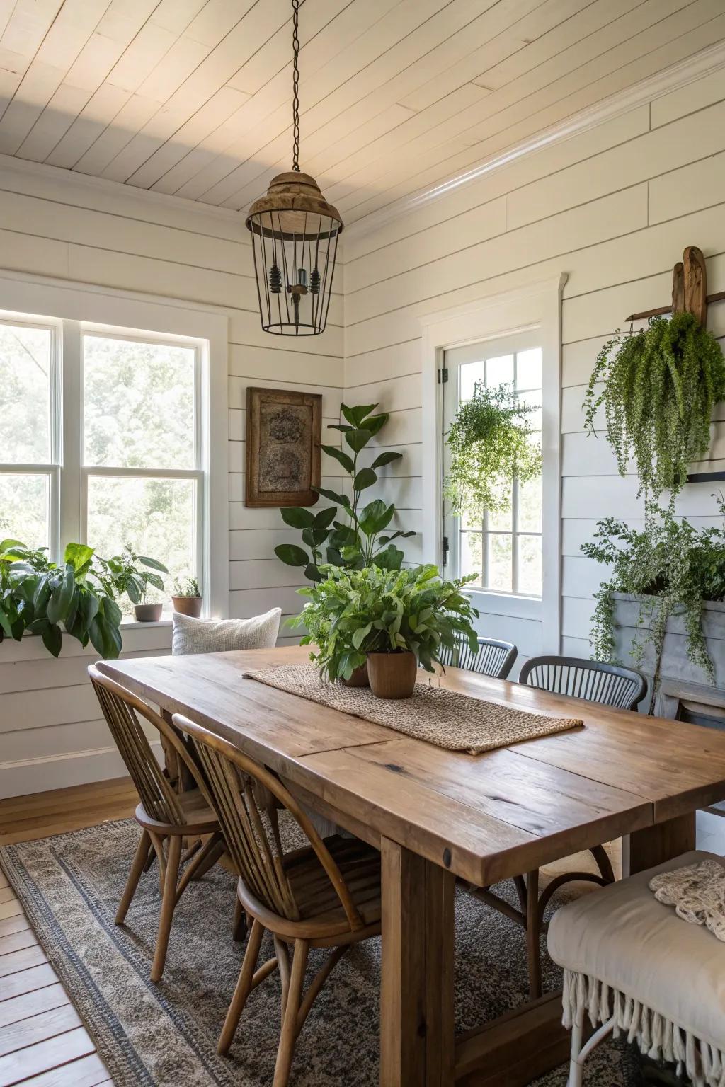 A dining room featuring eco-friendly materials and shiplap walls.