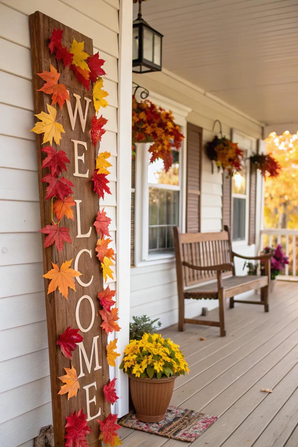 A porch displaying a seasonal welcome sign with autumn leaves.