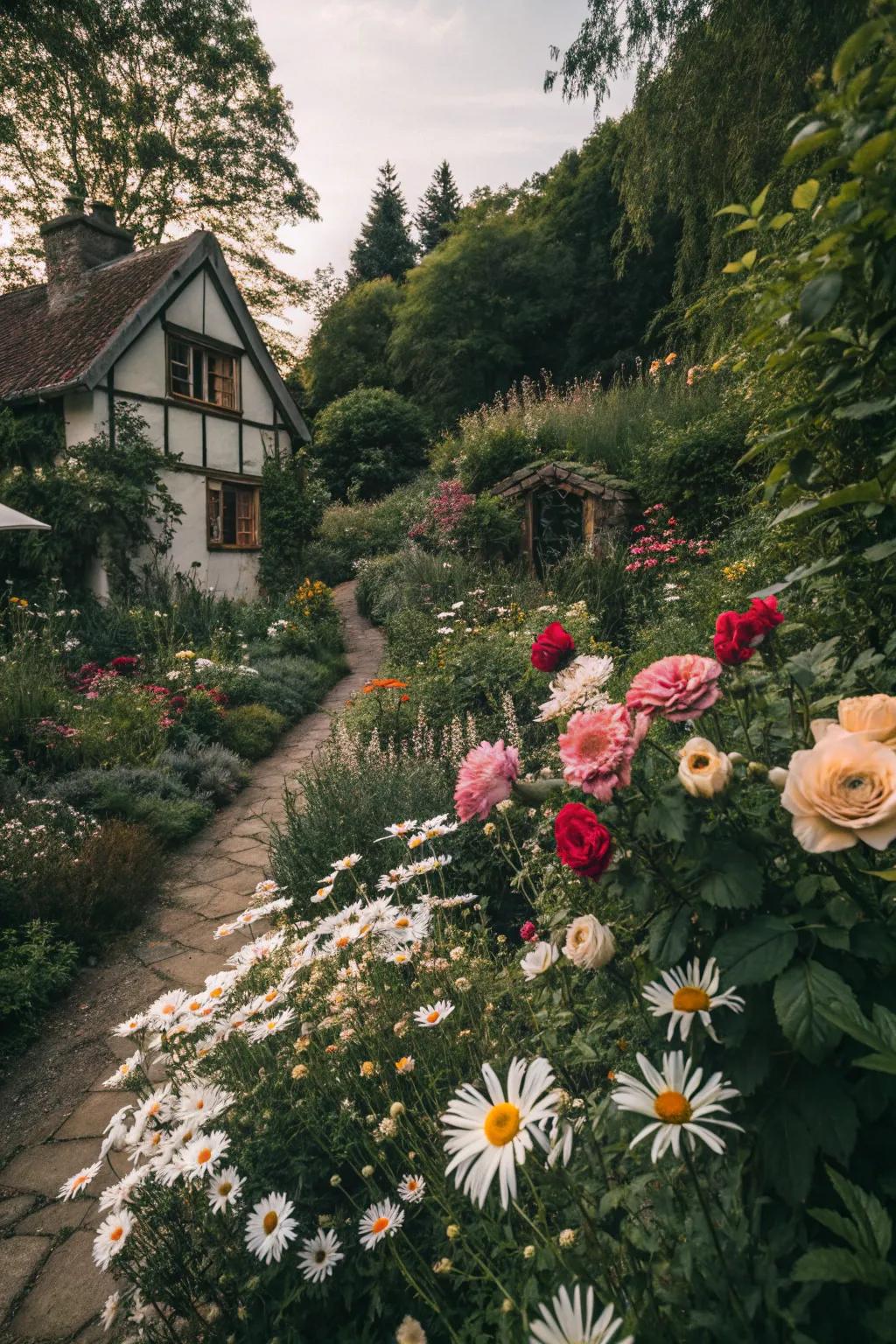 A cozy cottage-style garden filled with diverse flowers.