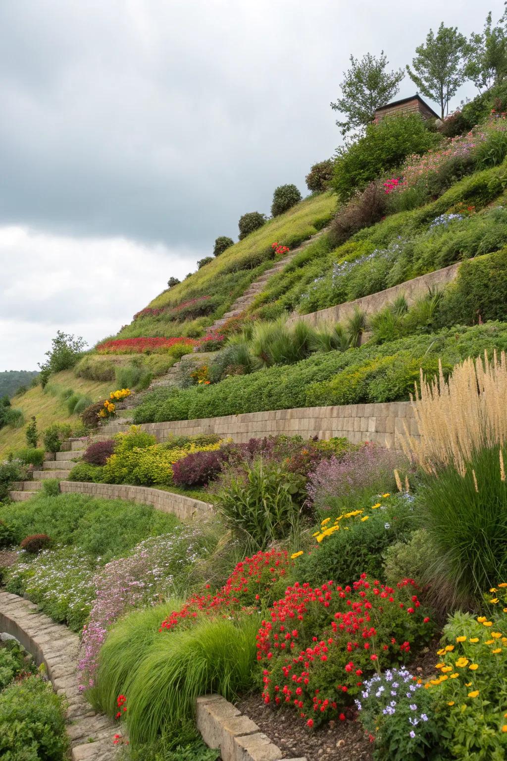 Terracing beautifully divides this slope into functional garden spaces.