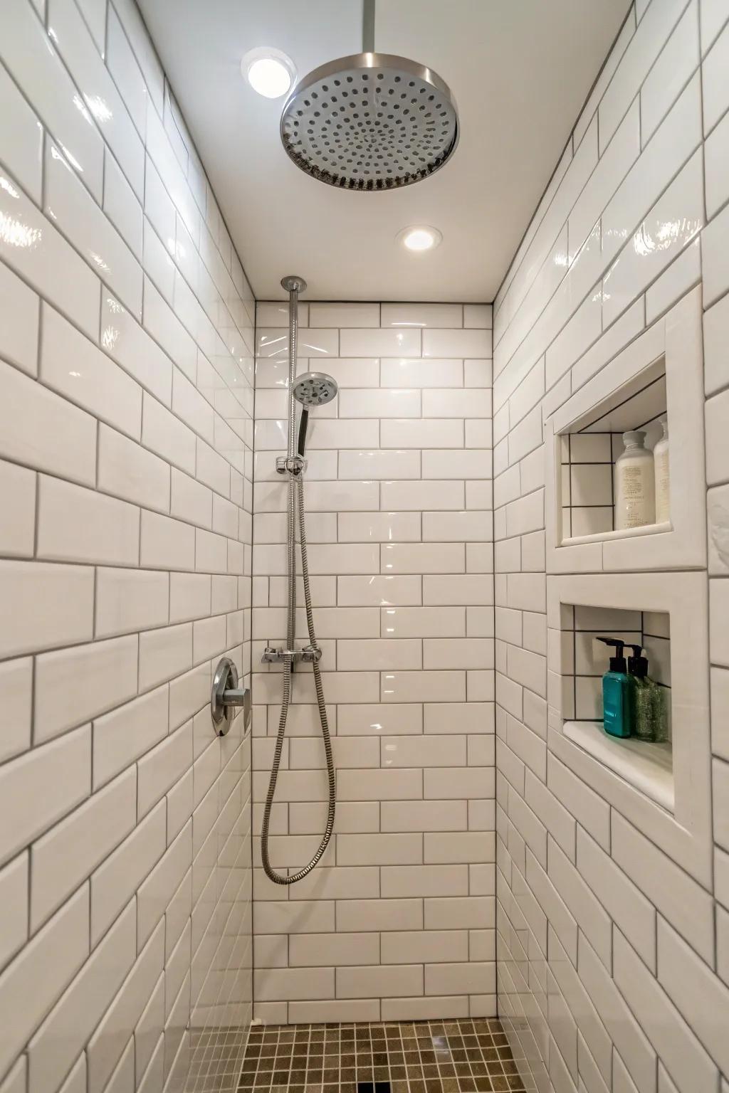 Vertical tile application has the potential to visually elongate a room.
