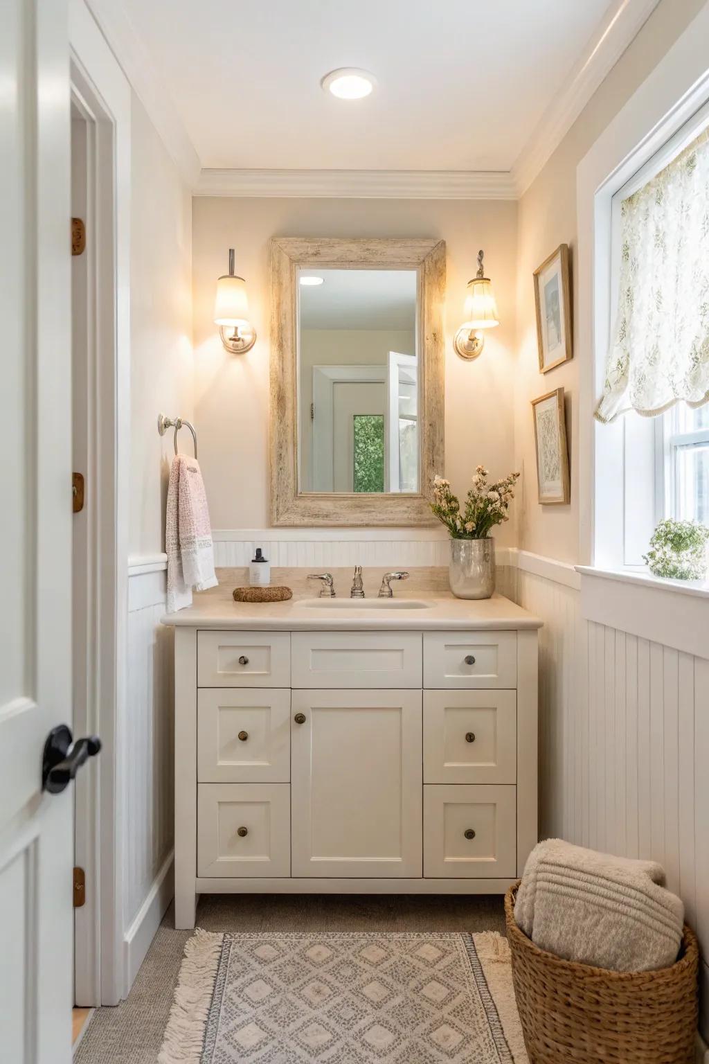 A light-colored vanity that adds brightness and a sense of space to a compact bathroom.