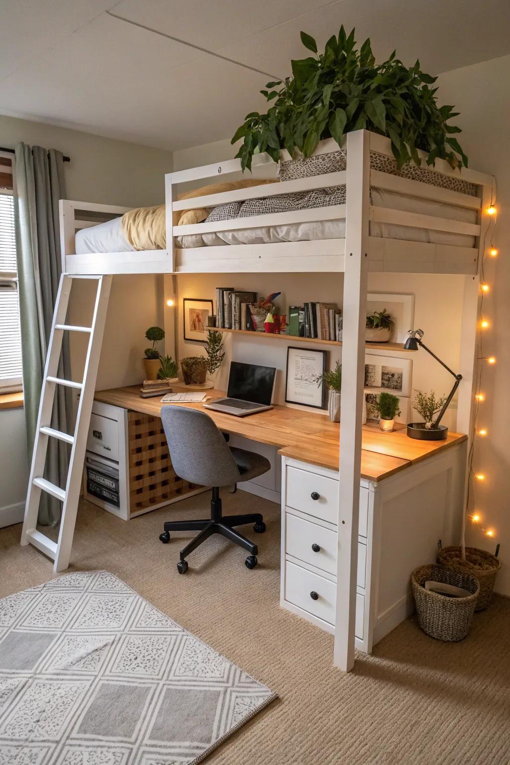 Loft beds create space for work or relaxation.