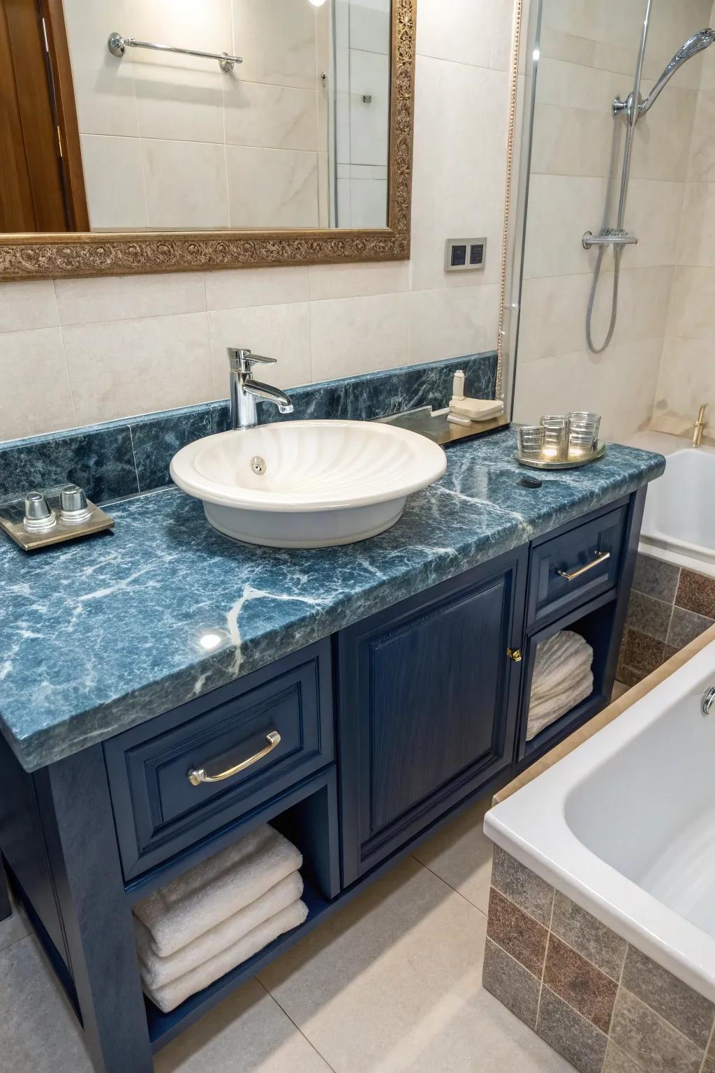 Blue marble countertops bring sophistication and natural beauty to the bathroom.